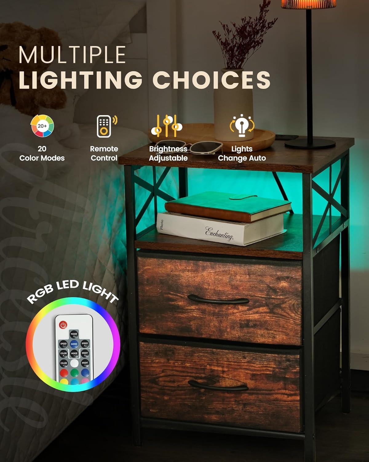 Night Stand Set 2, RGB LED End Table With Charging Station, 2 Fabric Storage Drawers Side Table With USB Ports And Outlets, Rustic Brown Beside Table Nightstands For Bedside