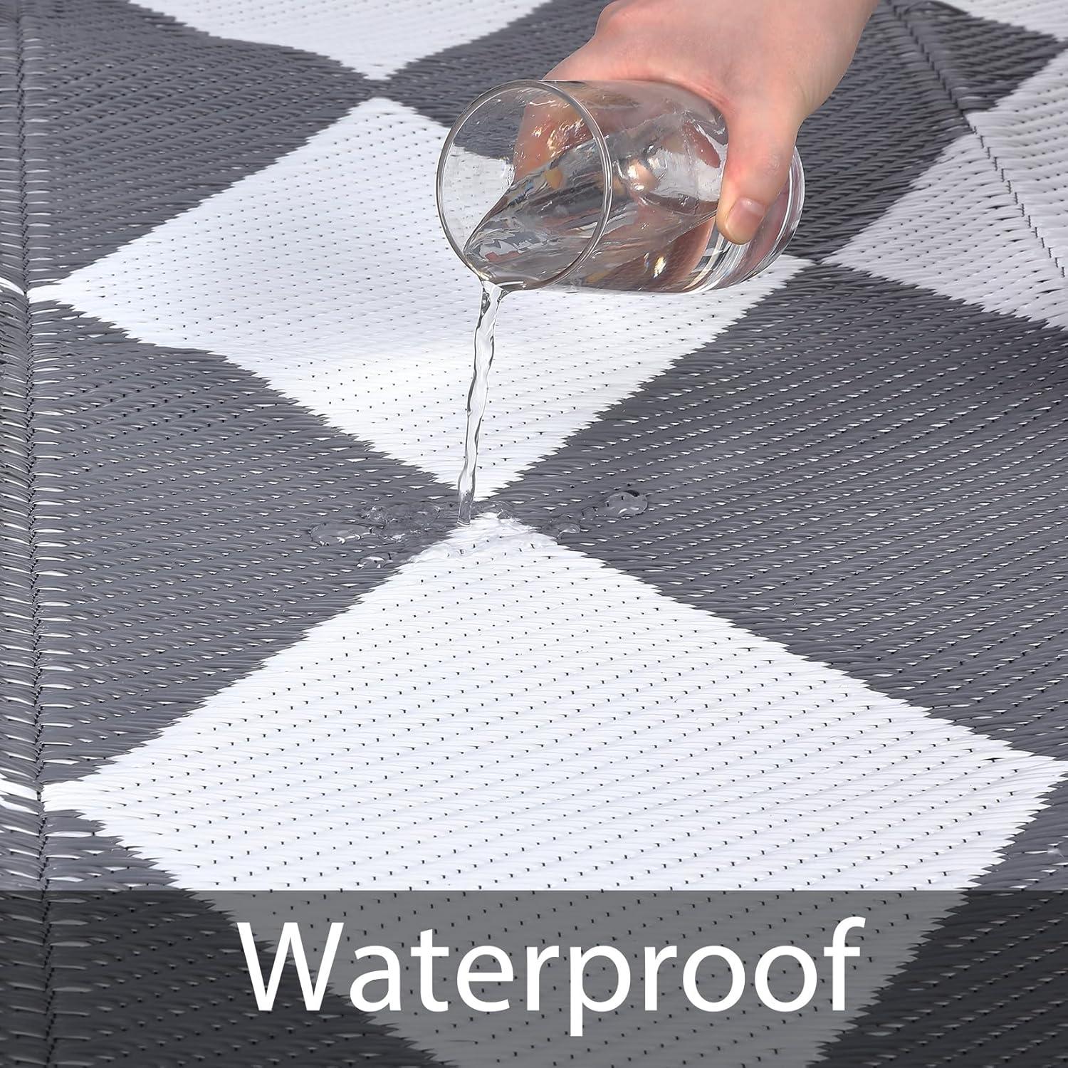 Garvee Waterproof Outdoor Rug 9'x12' Reversible Plastic Patio Rugs, Portable Modern Abstract Indoor Outdoor Carpet for Camping, Balcony, Deck, Backyard, Black & White, with Storage Bag