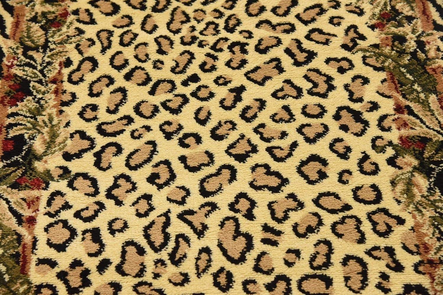 Ivory and Black Leopard Print Runner Rug with Botanical Border