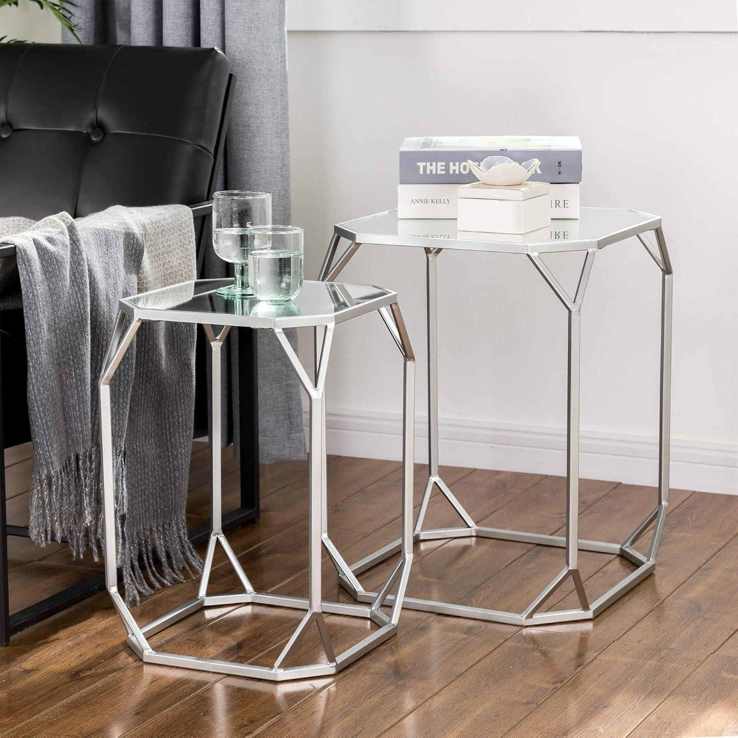 Silver Metal and Glass Geometric Nesting Tables Set