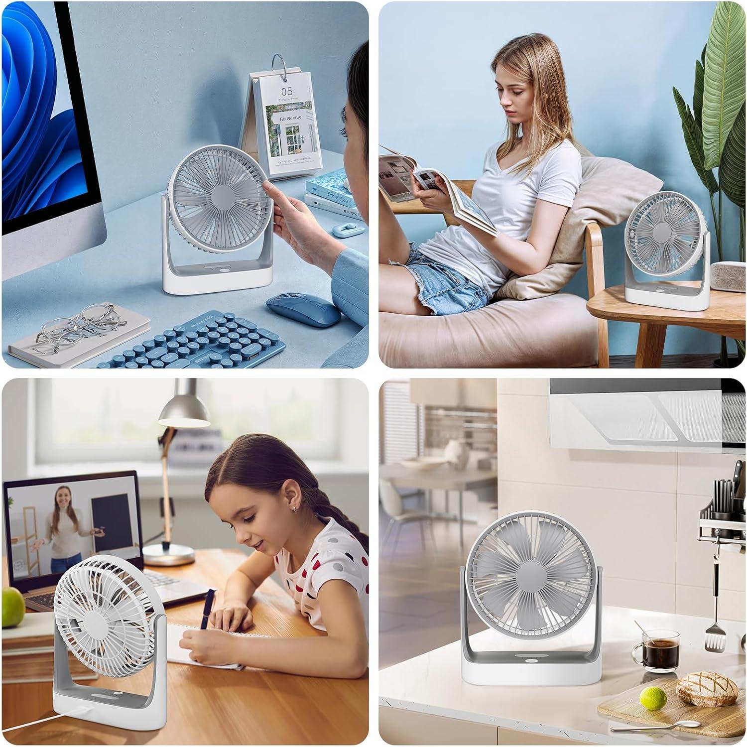 mollie USB Rechargeable Desktop Fan, Wall Mounted Hanging Fan with LED Light and Hook, Speed Adjustable Air Cooler Fan For Home Bedroom, White