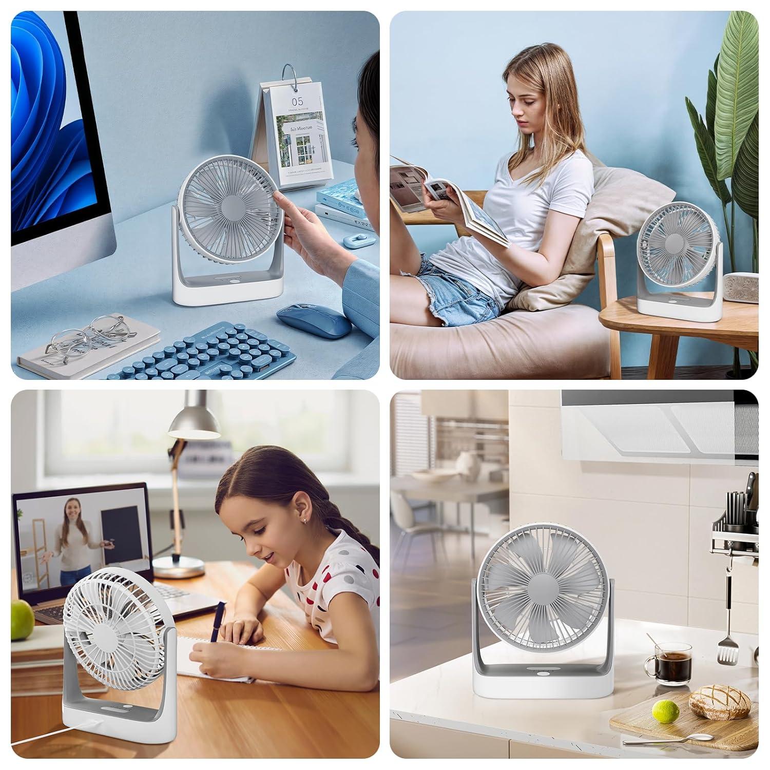 mollie USB Rechargeable Desktop Fan, Wall Mounted Hanging Fan with LED Light and Hook, Speed Adjustable Air Cooler Fan For Home Bedroom, White