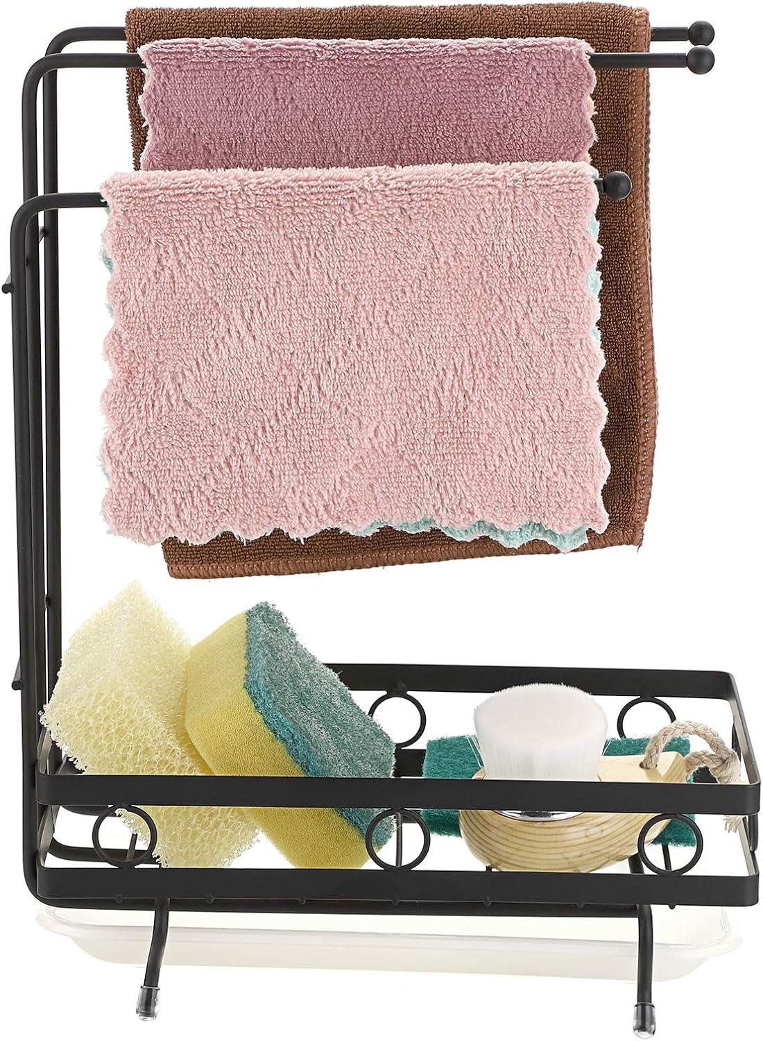 JUXYES Kitchen Sink Caddy Sponge Holder with Dishcloth Drying Rack, Kitchen Rag Stand Sponge Brush Soap Dish Dishcloth Rack Sink Storage Organizer for Kitchen Countertop (Black)