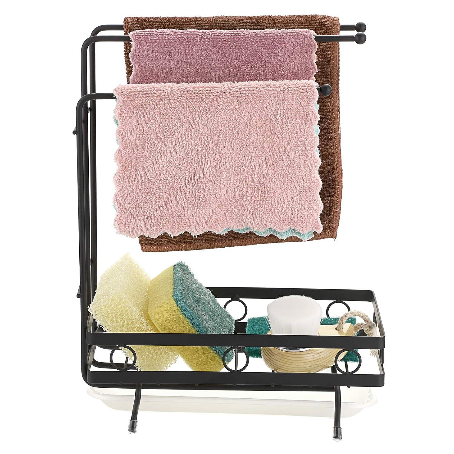 JUXYES Kitchen Sink Caddy Sponge Holder with Dishcloth Drying Rack, Kitchen Rag Stand Sponge Brush Soap Dish Dishcloth Rack Sink Storage Organizer for Kitchen Countertop (Black)