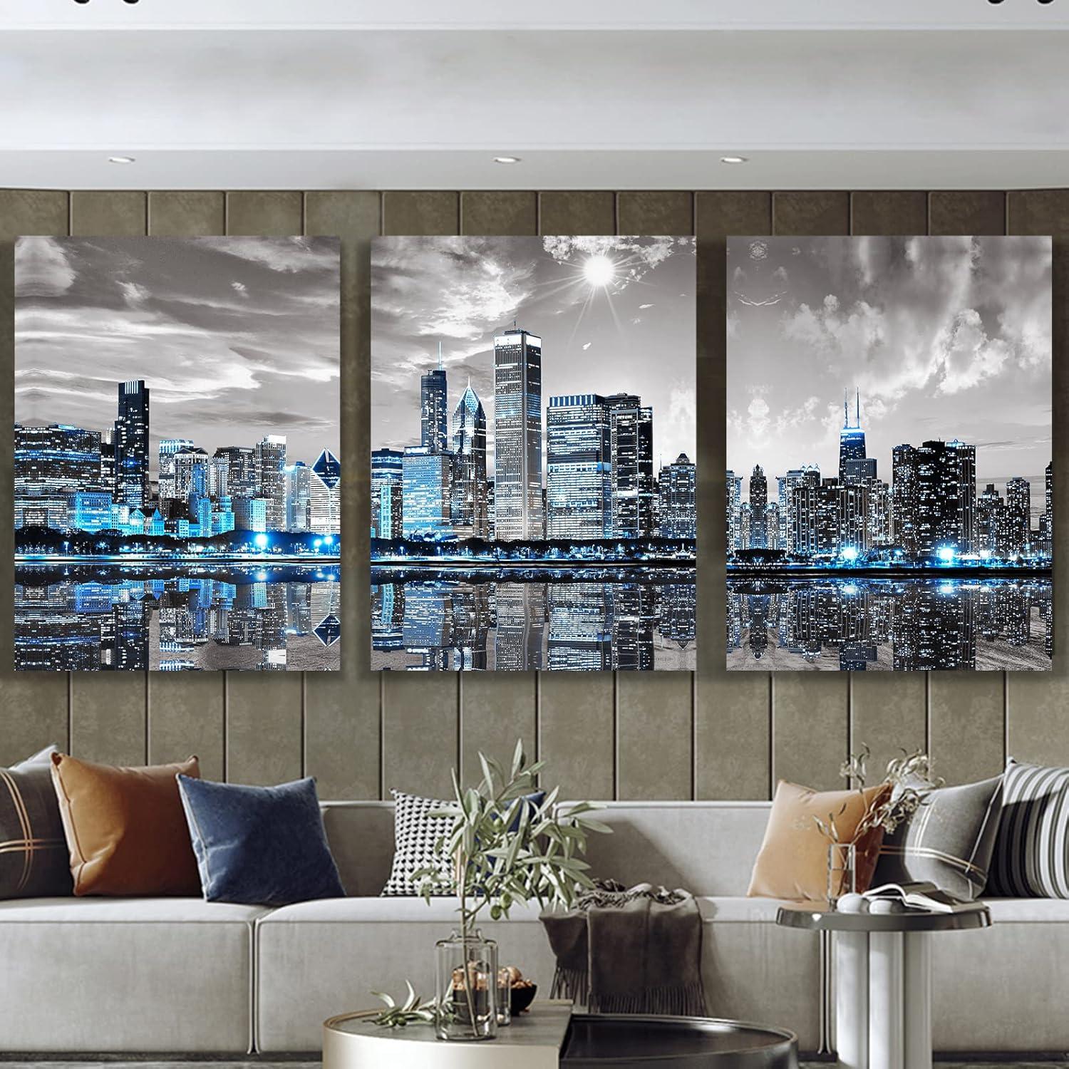 Modern Blue and Gray Chicago Skyline Canvas Wall Art Set