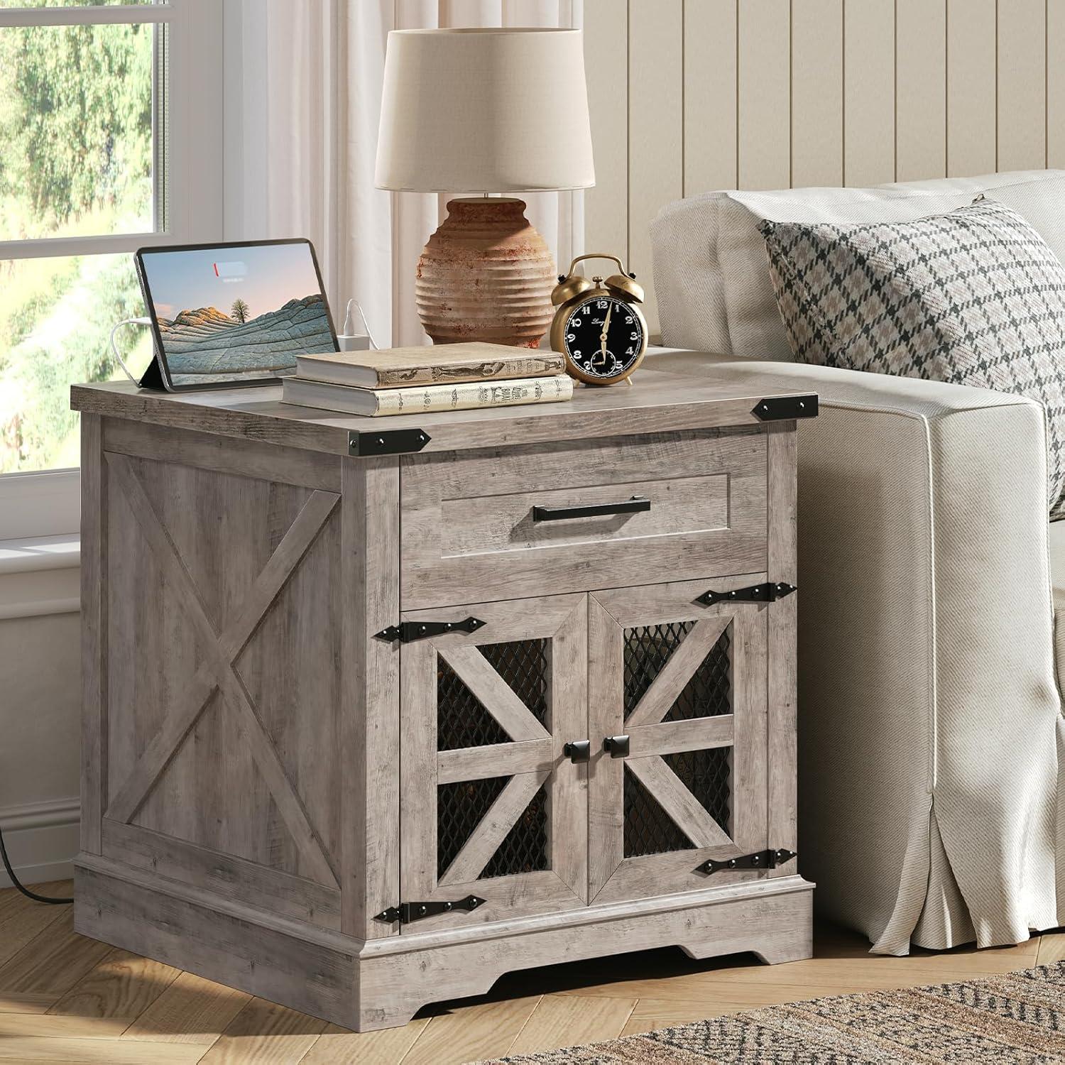 Rustic Gray Wood Farmhouse End Table with Charging Station