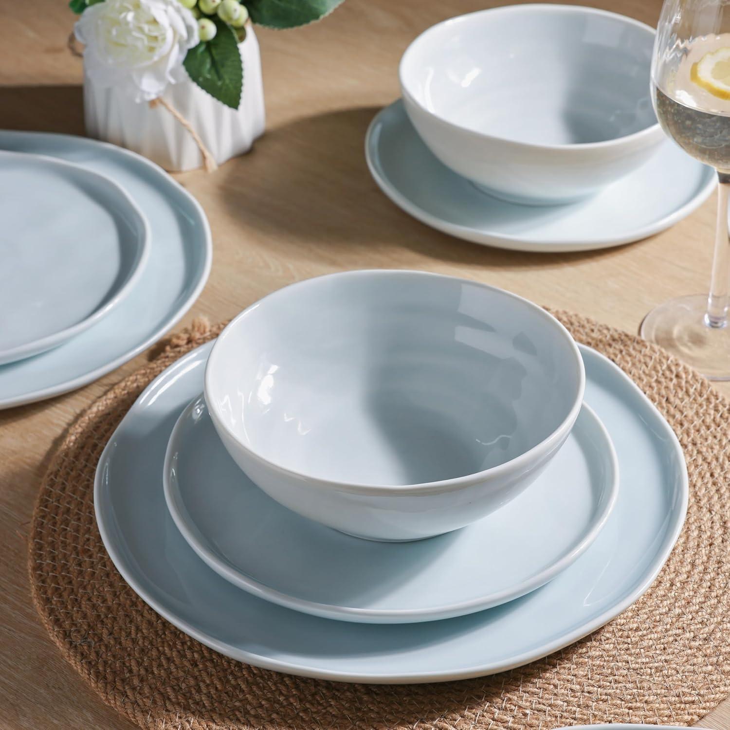Hokku Designs Ceramic Dinnerware Sets For 6,Plates And Bowls Sets With Wavy Edge,Microwave & Dishwasher & Oven Safe,Light Weight & Scratch Resistant Dishes Sets-Service For 6 (18Pcs)-Light Jean Blue
