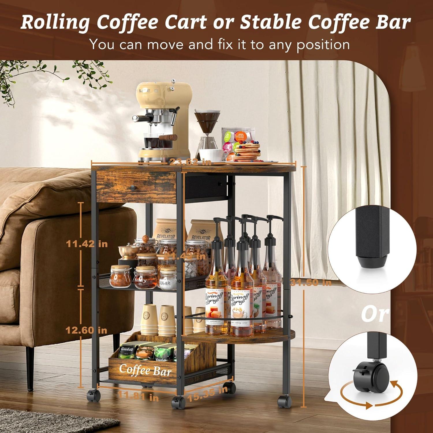 VINAEMO Coffee Bar Station with Wheels and Storage Drawer,15.35'' Deeper Large Coffee Bar Table Stand for Kitchen Office Living Room,Rustic Brown