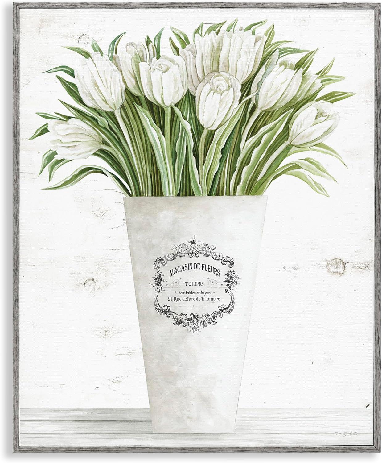 White Tulip Bouquet in Gray Farmhouse Frame Canvas Print