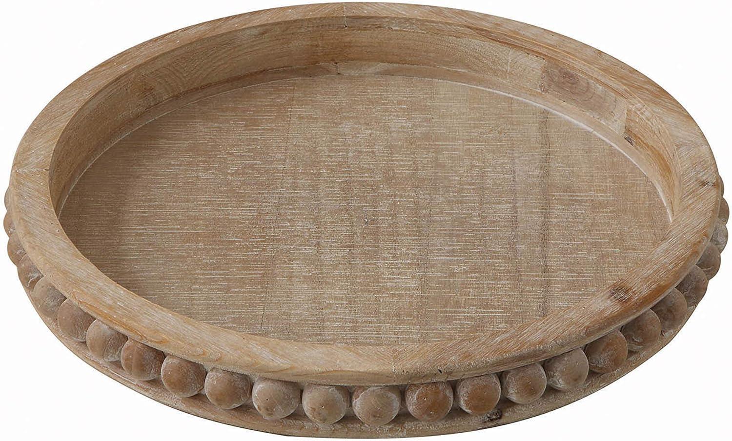 Whitewashed Round Decorative Wood Tray with Beaded Edge