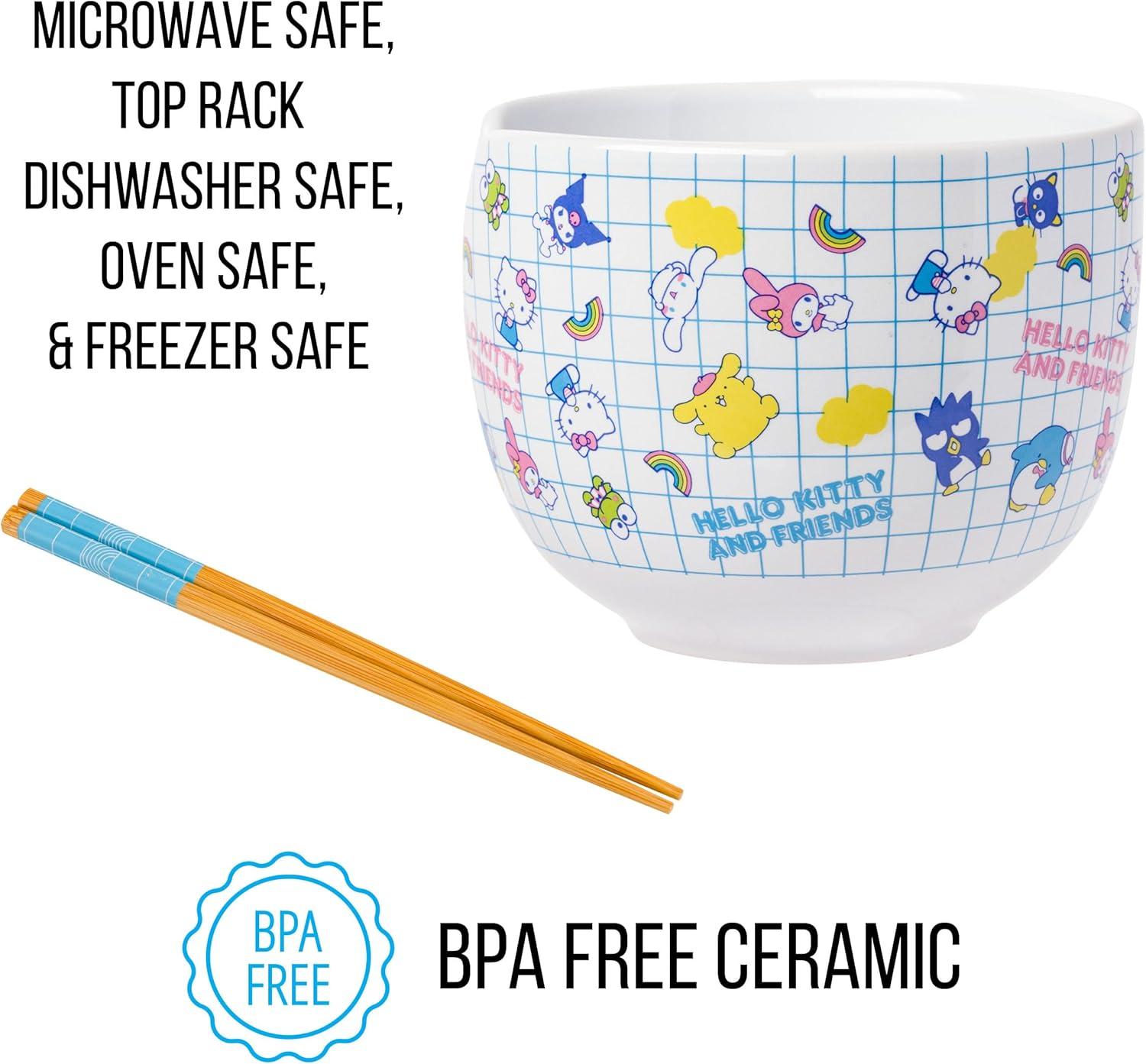 Silver Buffalo Hello Kitty and Friends Kuromi, Keroppi, Chococat, My Melody, Tuxedo Sam, Badtz-Maru, Tuxedo Sam, Pompompurin, Cinnamoroll Ceramic Ramen Noodle Rice Bowl with Chopsticks, 20 Ounces