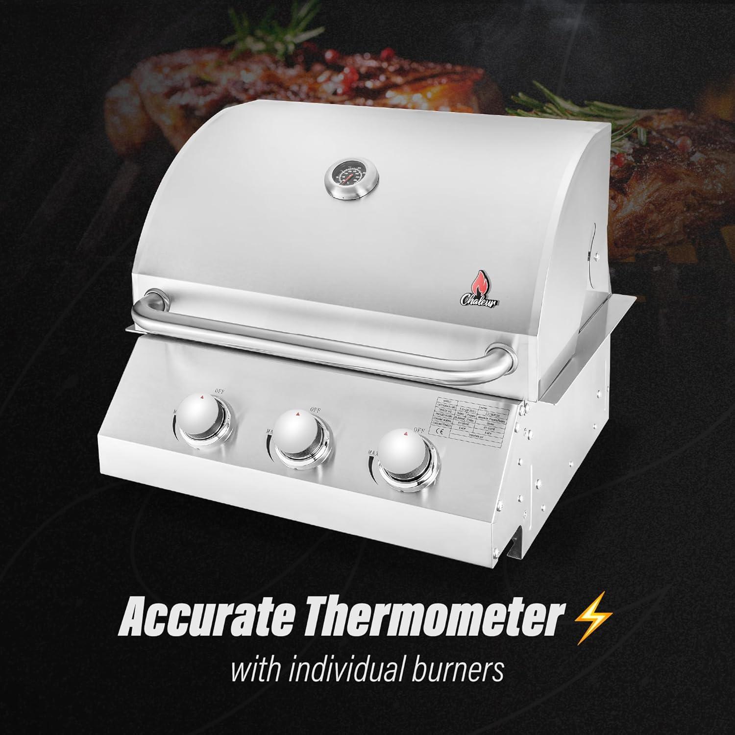Chaleur Grill Outdoor 23" 3-Burner Built-in Propane Gas Grill, 30000 BTU, Stainless Steel