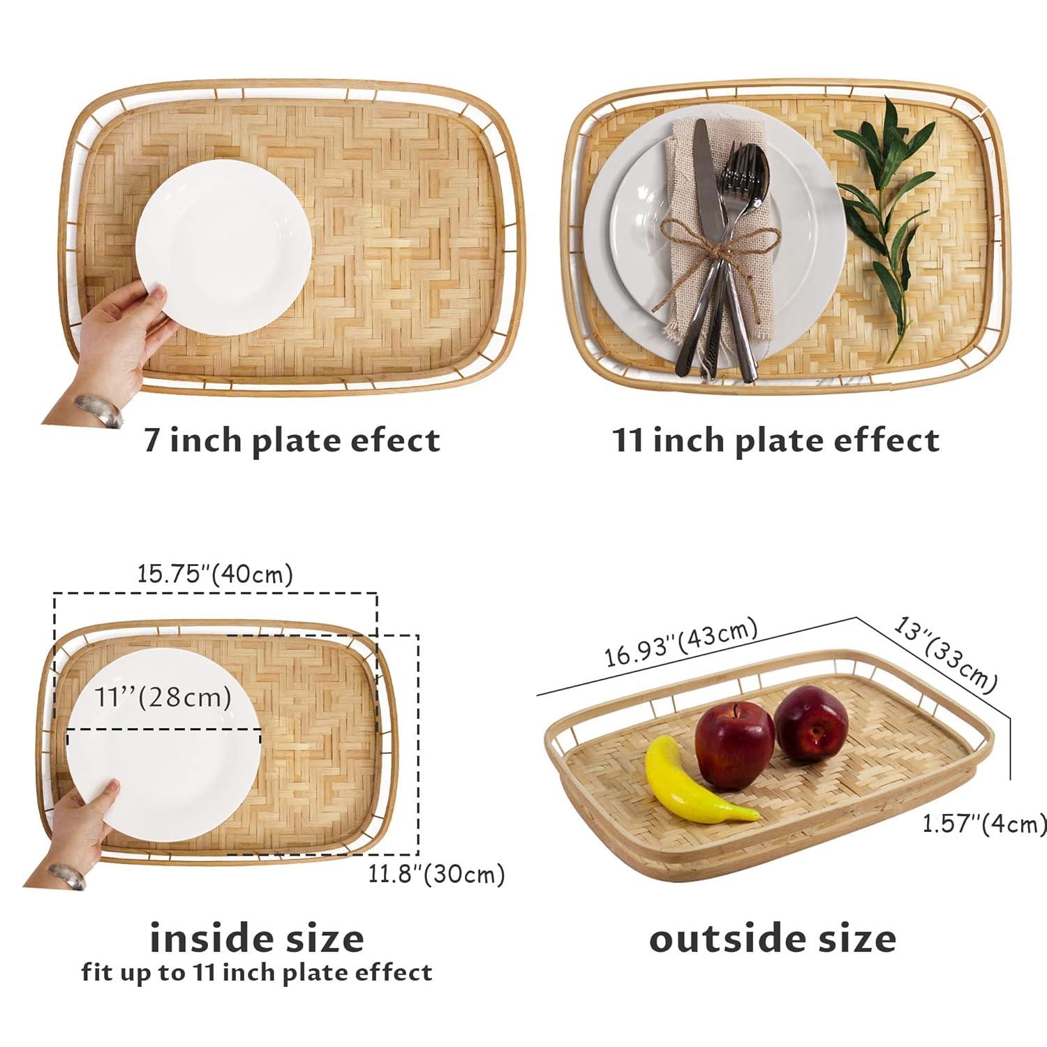 PEMAR Set of 4 Bamboo Wicker Serving Trays for Foods & Drinks, Rectangular Breakfast Lap Trays with Handles Wooden Decorative Platters for Coffee Table, Bed Eating