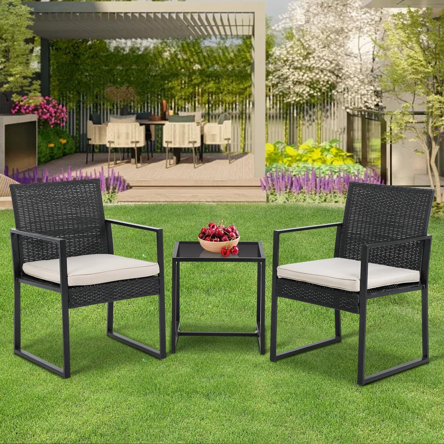 FDW Rattan Patio Furniture Set of 3 Outdoor Conversation Set Water Resistant Bistro Set for Poolside Balcony Patio Bar Garden