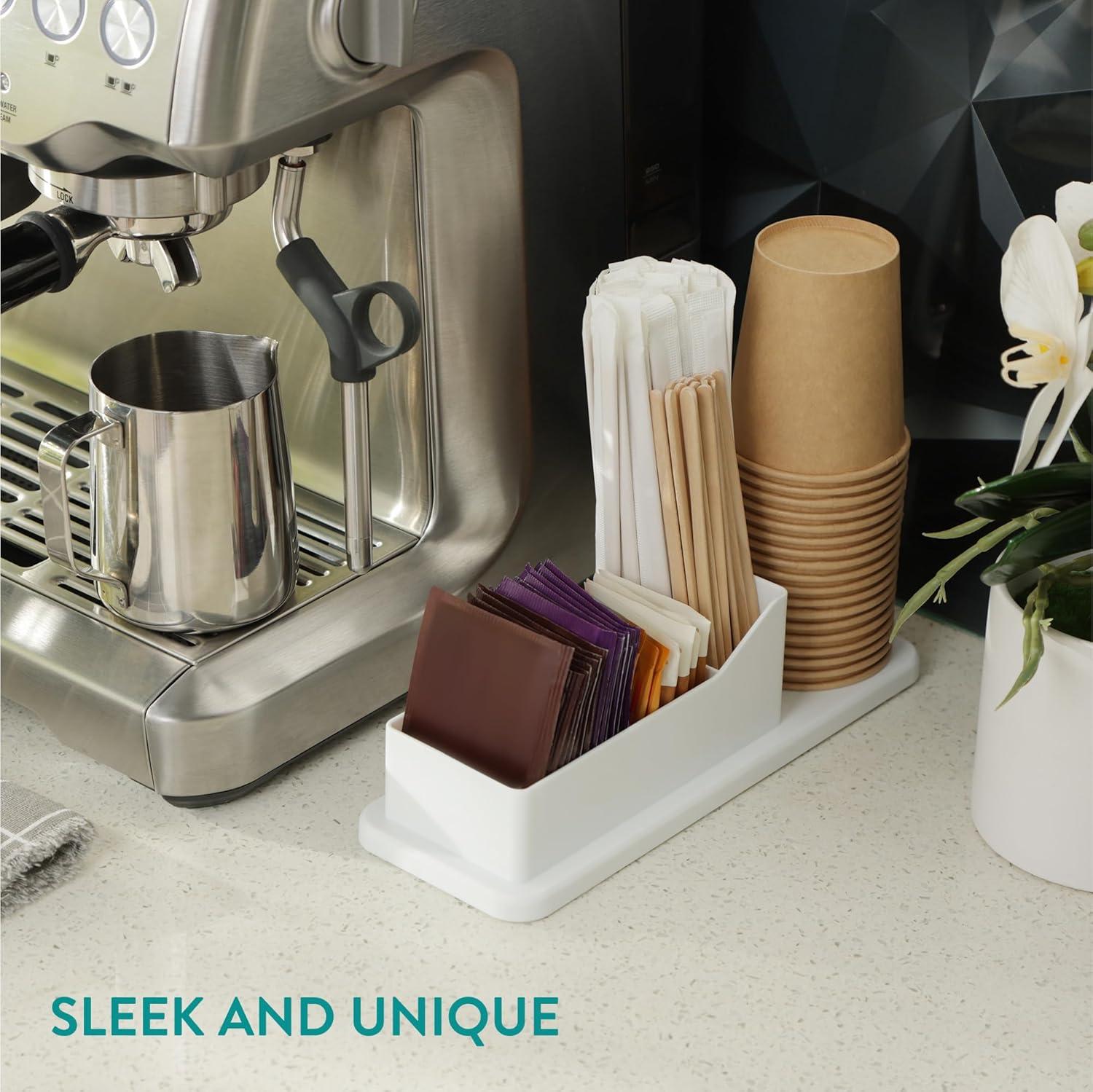 Navaris Small Coffee Station Organizer - Tea and Coffee Condiment Supplies Holder with Stacking Cup Storage - For Kitchen or Office Break Room - Black