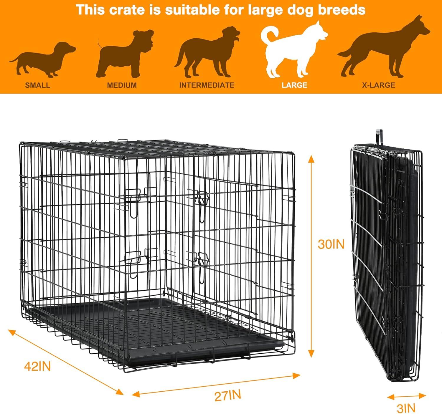 CL.HPAHKL Durable Large Dog Crate, Folding Metal Dog Kennel Double Door Dog Cage with Plastic Tray, Wire Crate for Large Dog Indoor Outdoor Travel (Black, 42 inch)