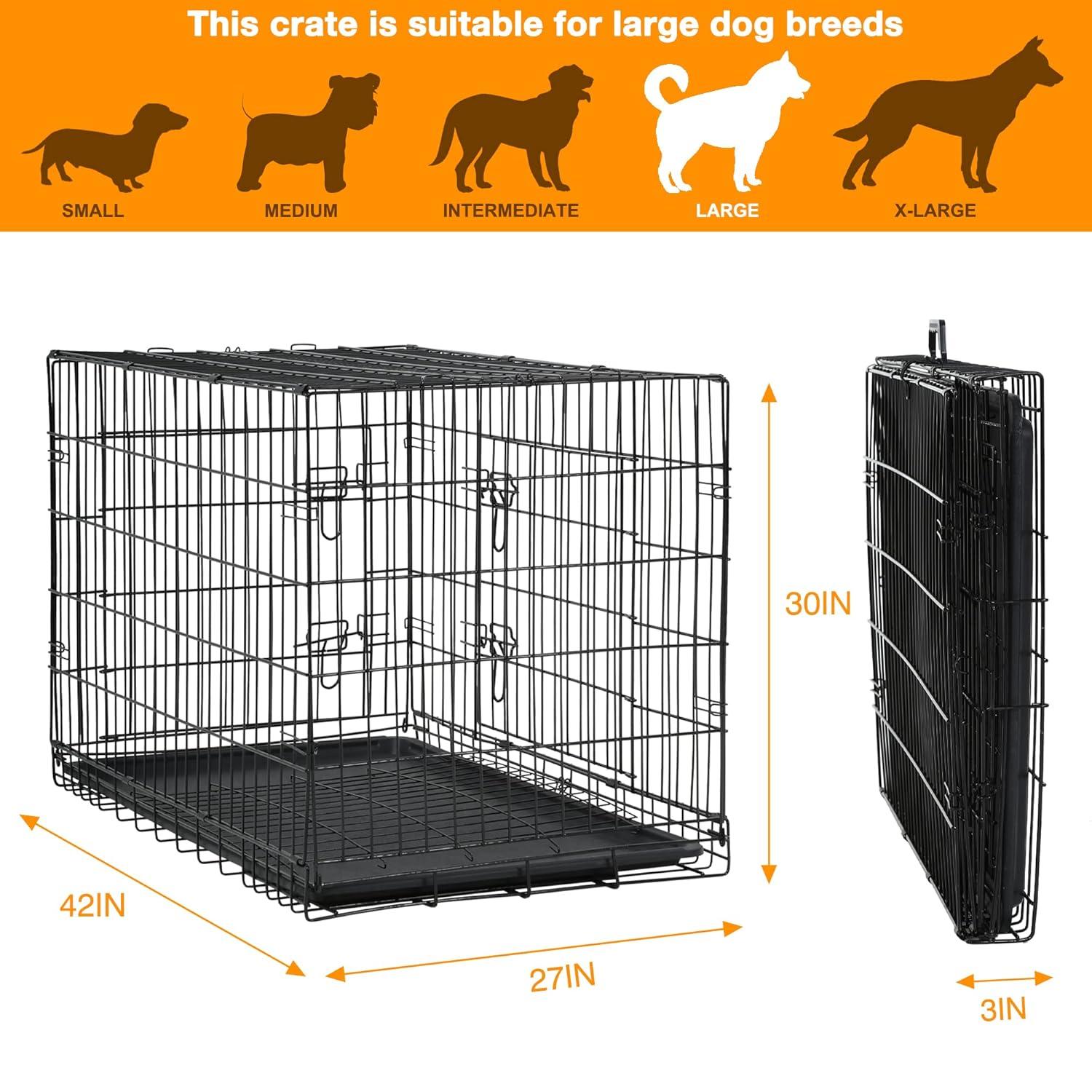 CL.HPAHKL Durable Large Dog Crate, Folding Metal Dog Kennel Double Door Dog Cage with Plastic Tray, Wire Crate for Large Dog Indoor Outdoor Travel (Black, 42 inch)