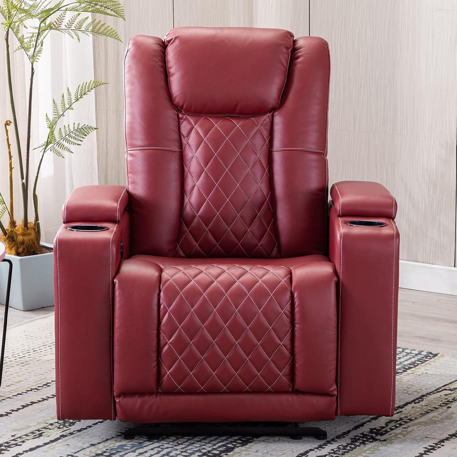 Bonzy Home Electric Power Recliner Chair Soft Air Breathable Leather Reclining for Adults with USB Ports and Cup Holders, Black Home Theater Seating with Hidden Arm Storage Movie & Media Room Chairs