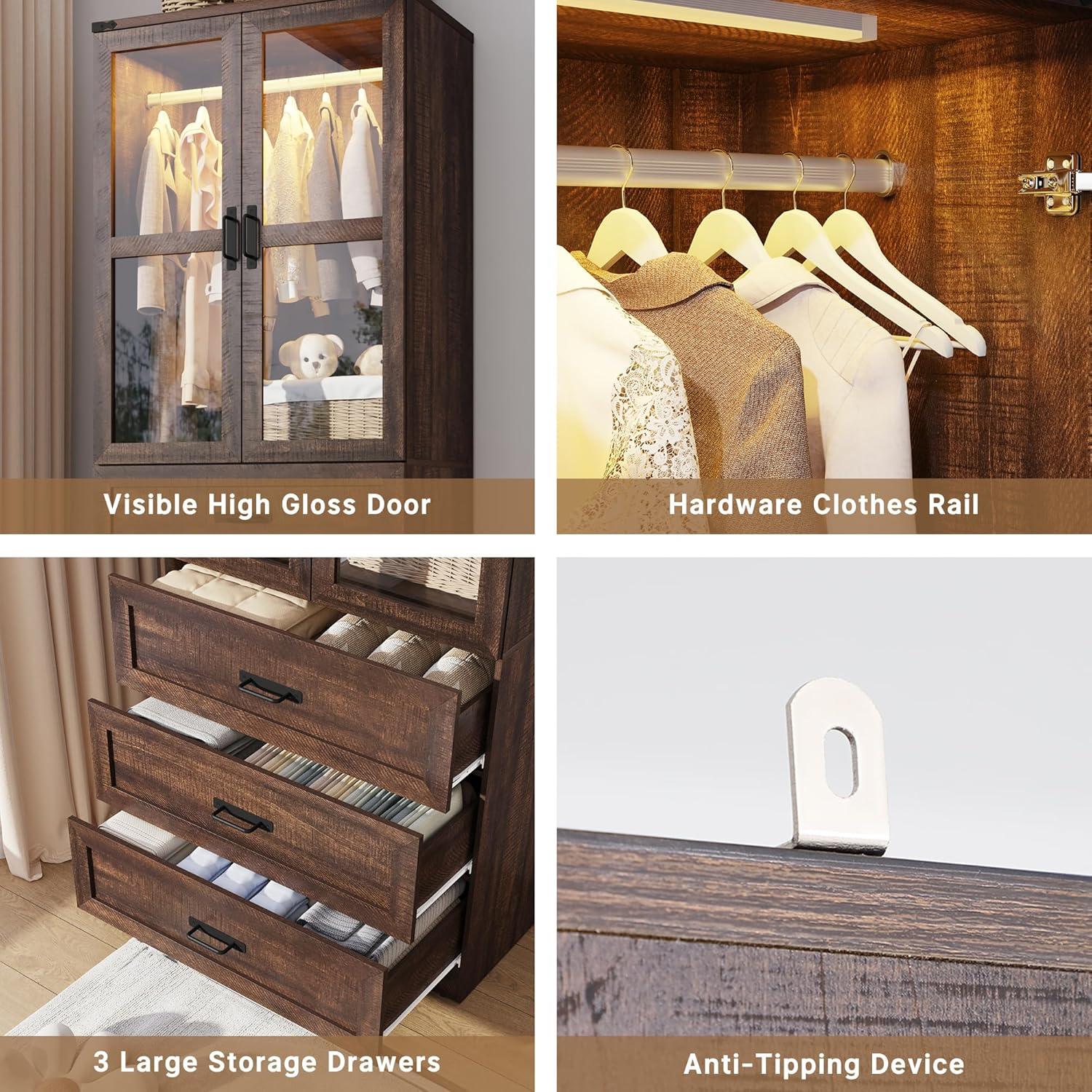 Ivy Bronx 75" Tall Farmhouse 2 Doors Armoire Wardrobe Closet with 3 Drawers and LED,Freestanding Closet