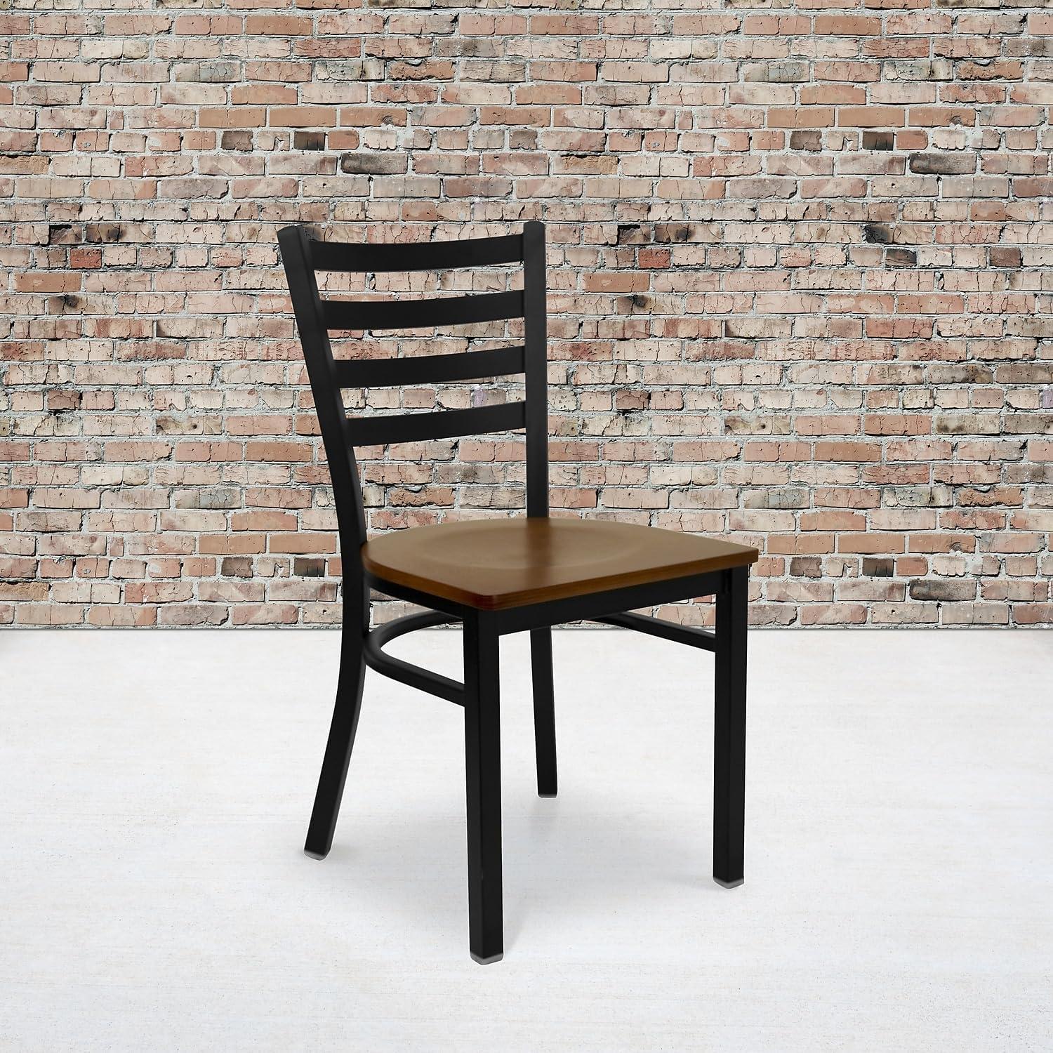 BizChair 2 Pack Black Ladder Back Metal Restaurant Chair - Cherry Wood Seat