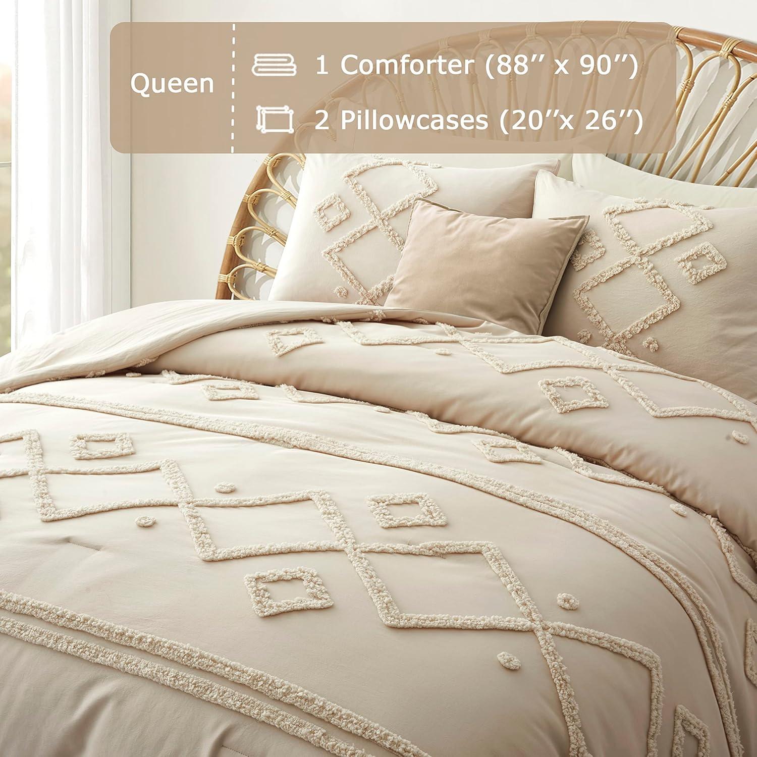 Cream Tufted Jacquard Queen Comforter Set with Pillowcases