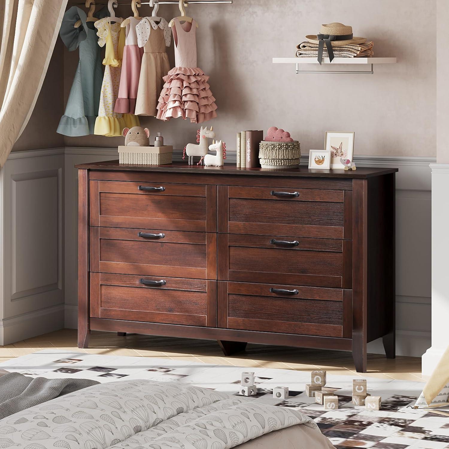 WLIVE Wood Dresser for Bedroom, Double 6 Drawer Dresser with Metal Handle, Large Wooden Chest of Drawers for Living Room, Hallway, Closet, Rustic Brown