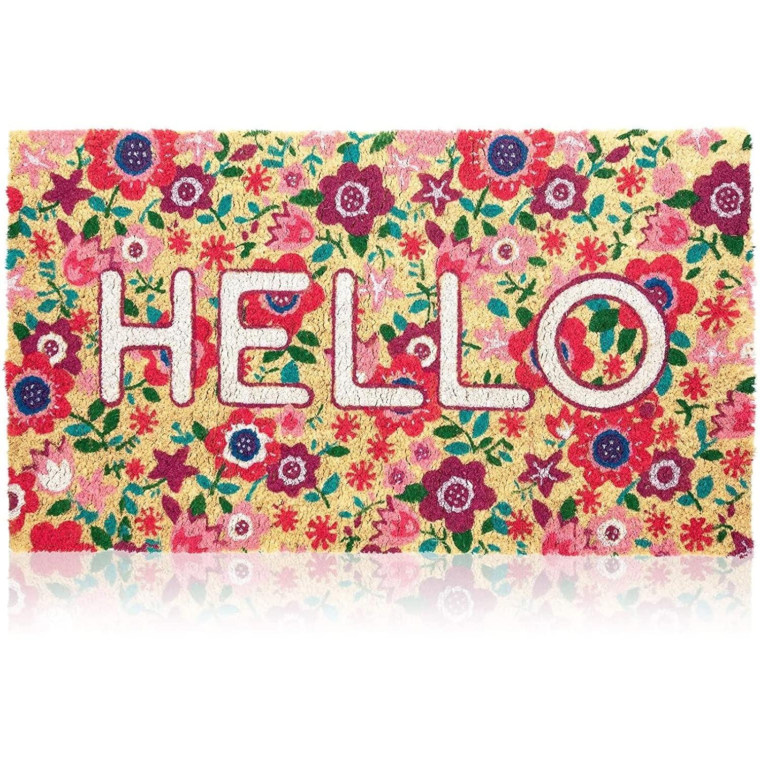 Juvale Natural Spring "Hello" Floral Coir Doormat for Front Door, 17 x 30 Inches, Ideal for Door Entrance and Patio