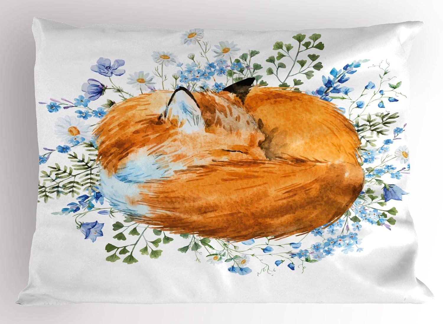 Sleeping Fox and Flowers Polyester Standard Pillow Sham