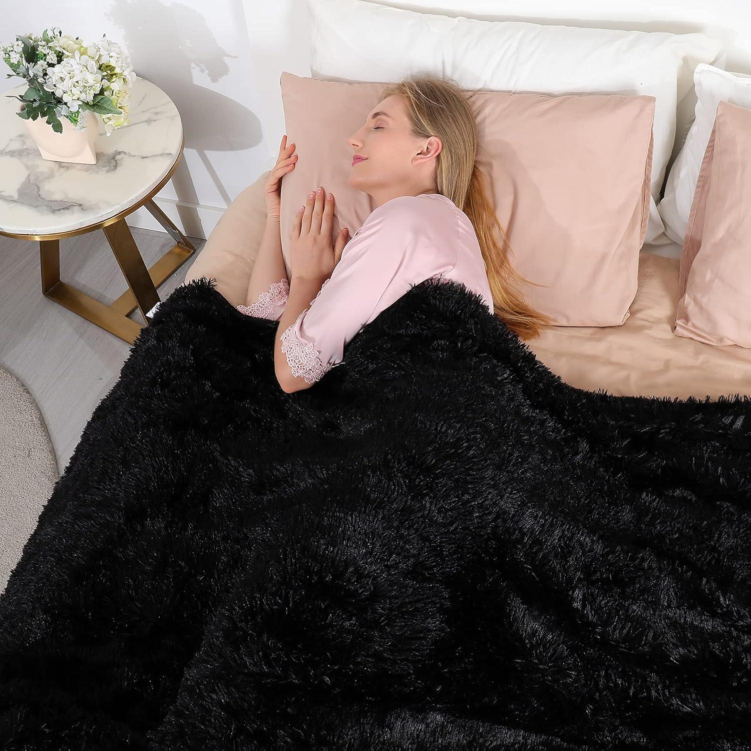 Tuddrom Decorative Extra Soft Faux Fur Throw Blanket 50" x 60",Reversible Fuzzy Long Hair Shaggy Throw Blankets, Fluffy Cozy Plush Fleece Comfy Microfiber Fur Blanket for Couch Sofa Bed, Black