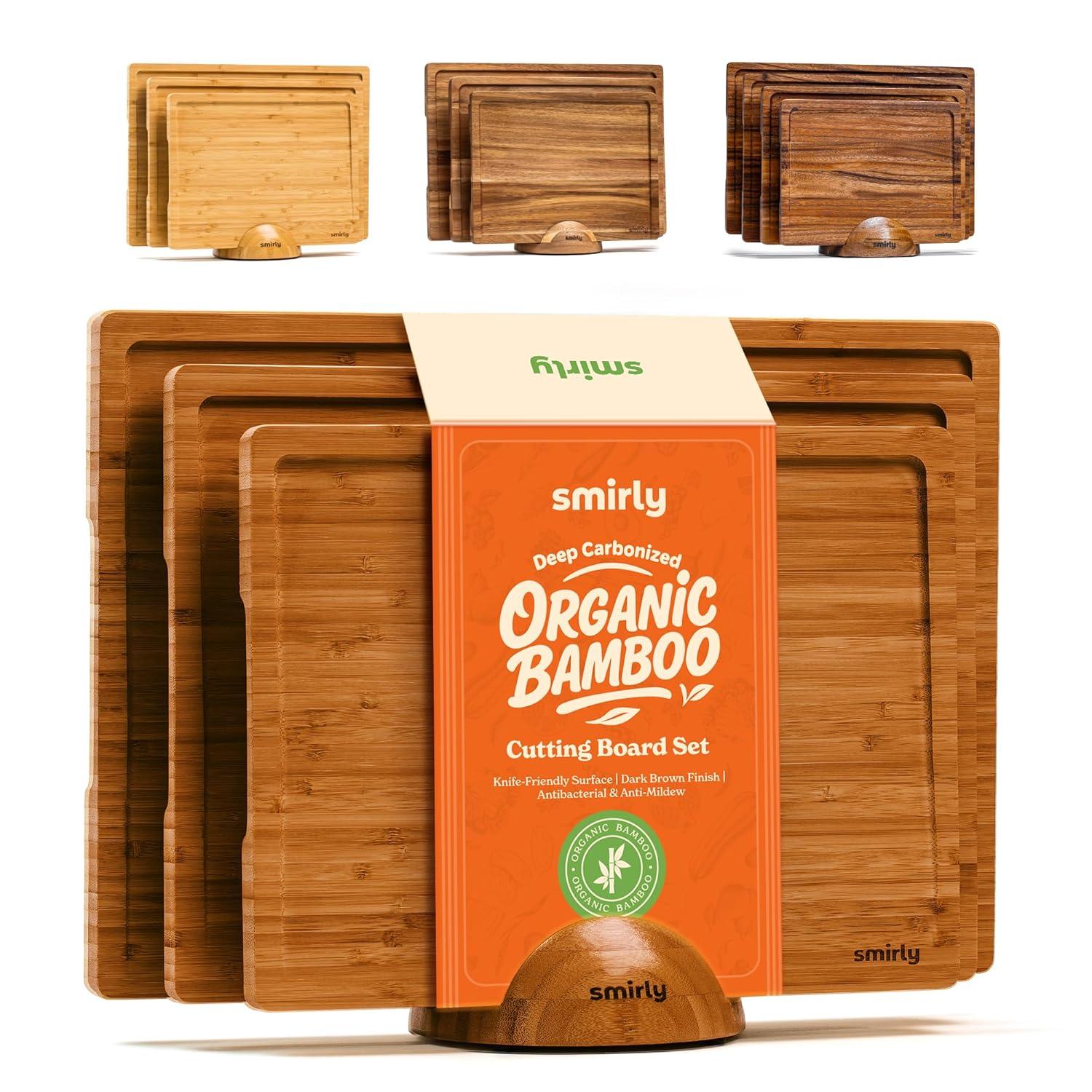 SMIRLY Cutting Board Set Small, Medium & Large Bamboo Cutting Boards with Holder, Brown