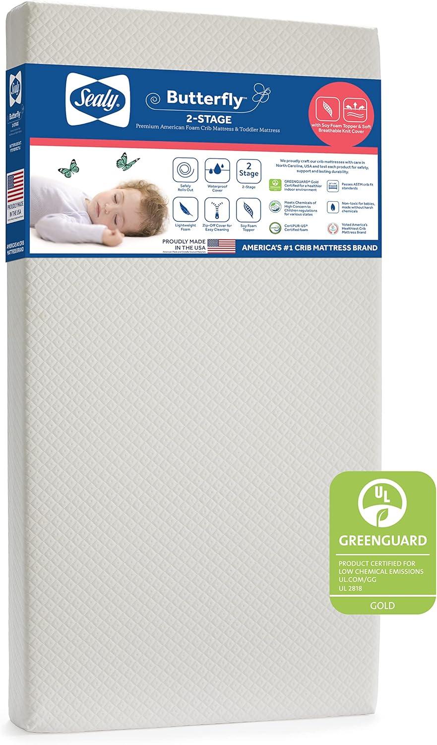 Sealy Baby Butterfly Breathable Knit 2 Stage Waterproof Crib Mattress plus Toddler Bed Fit, Washable Easy Clean Zip Off Cover, GREENGUARD Gold Certified, Safety & Quality Tested, Made in USA, 52"X28"