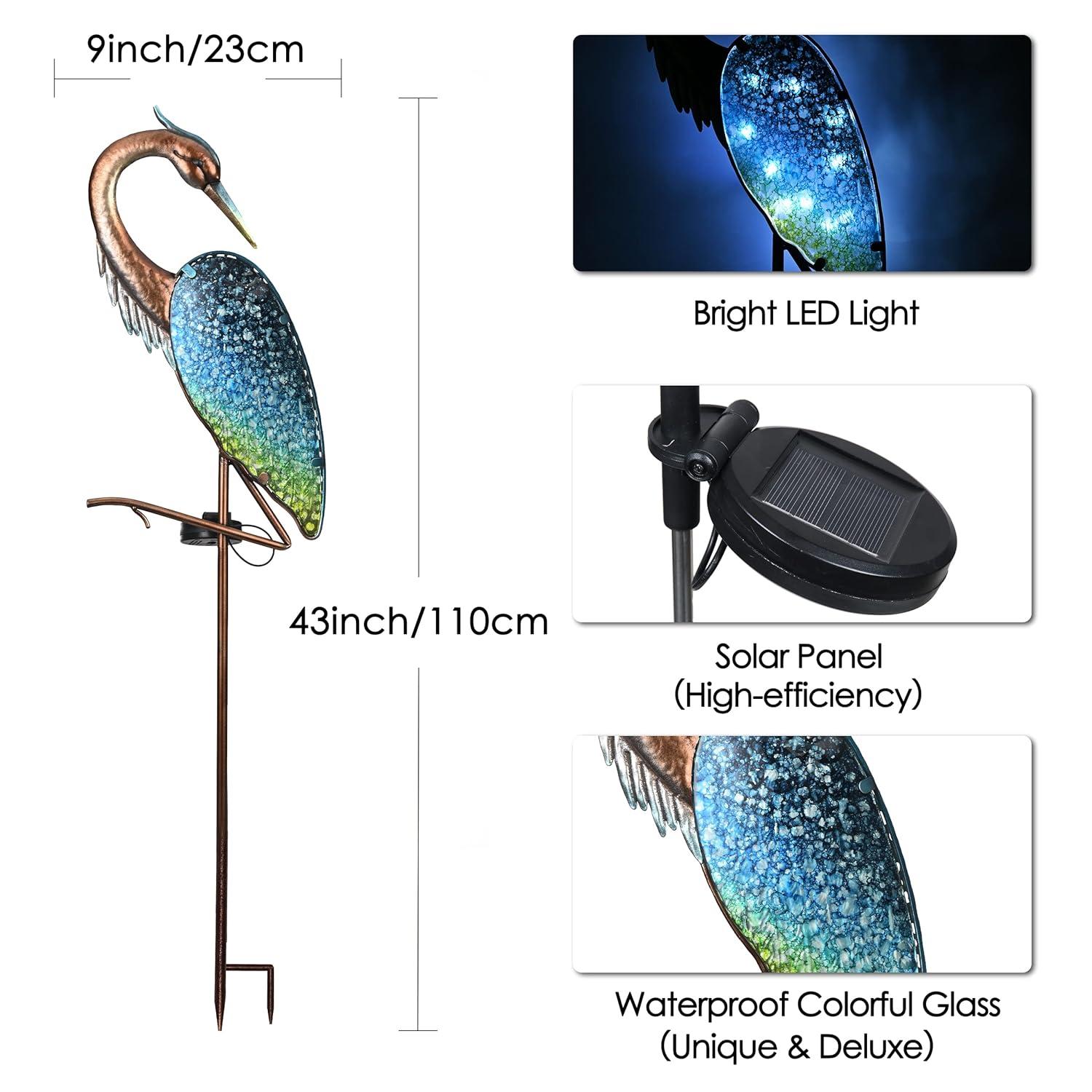 TERESA'S Collections Blue Heron Outdoor Solar Lights for Garde Decor, Metal Yard Decorations Outdoor Decorative Garden Stake for Outside, Yard Art Pathway Lights for Patio Decor 43",Gifts for Mom