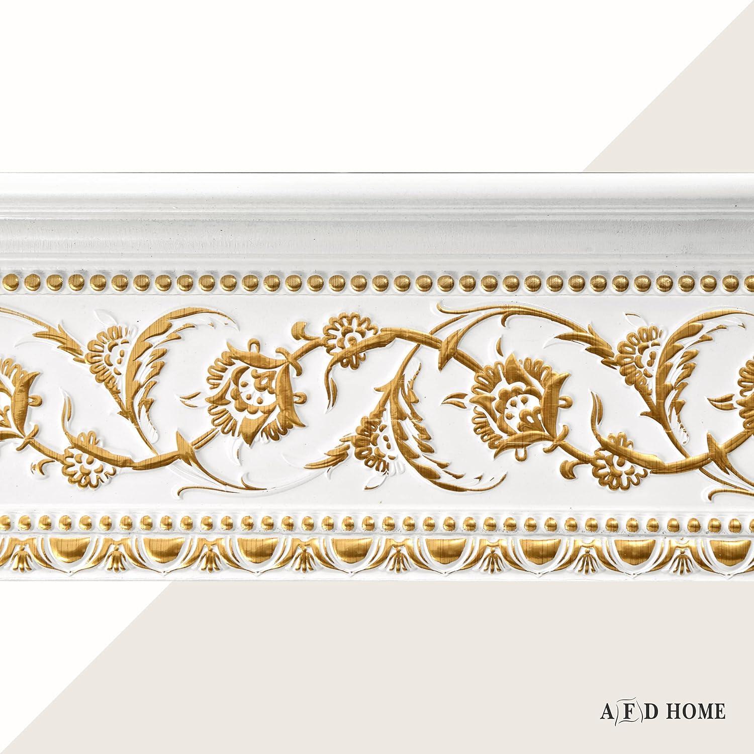 AFD Gold Floral on French White Crown Moulding 94 Inch