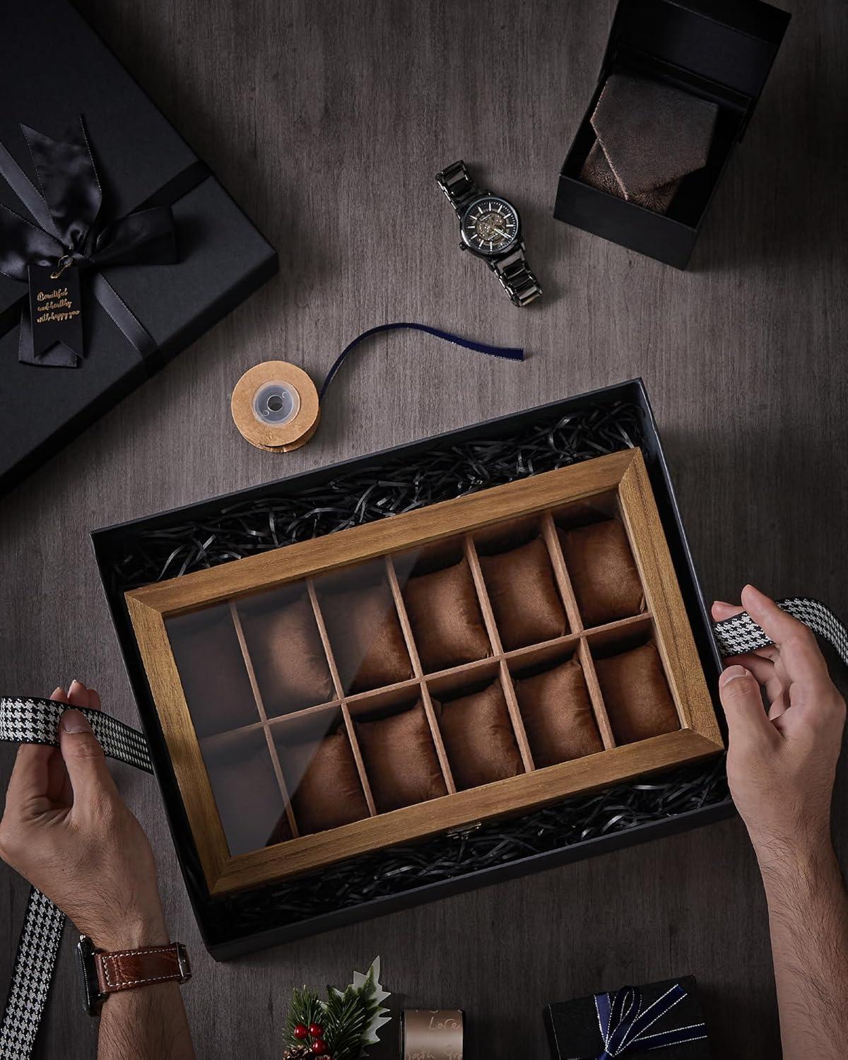 Rustic Walnut 12-Slot Wooden Watch Box with Glass Lid