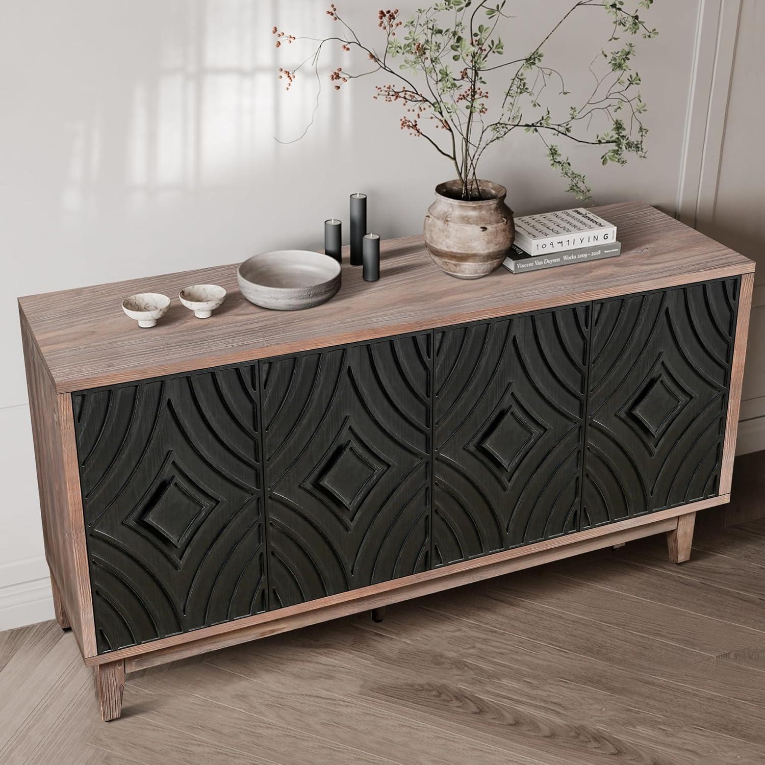 Mid-Century Black and Walnut Sideboard Buffet Cabinet with Diamond Pattern Doors