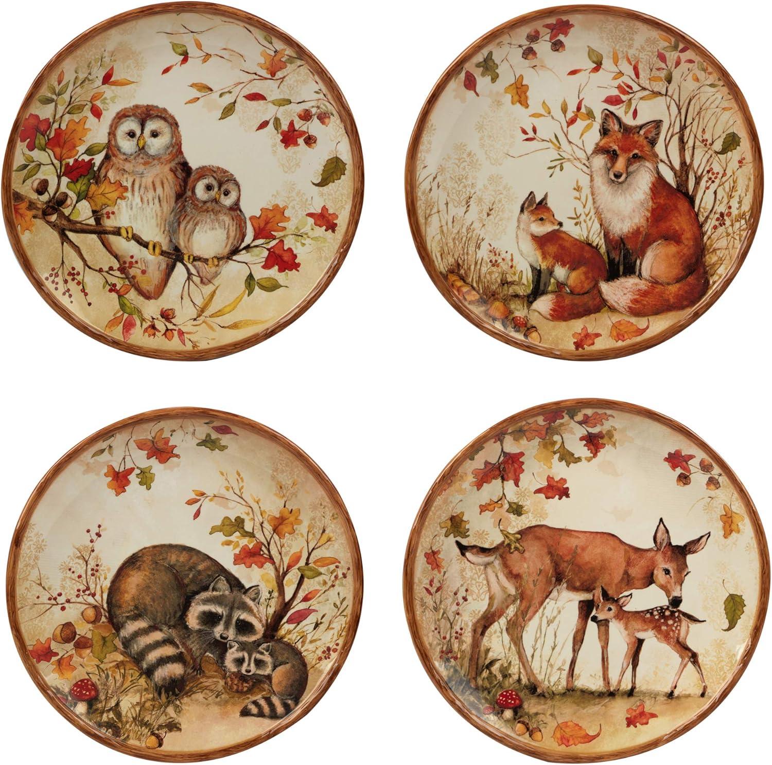 Pine Forest Ceramic Dinnerware Set with Forest Critters, Service for 4