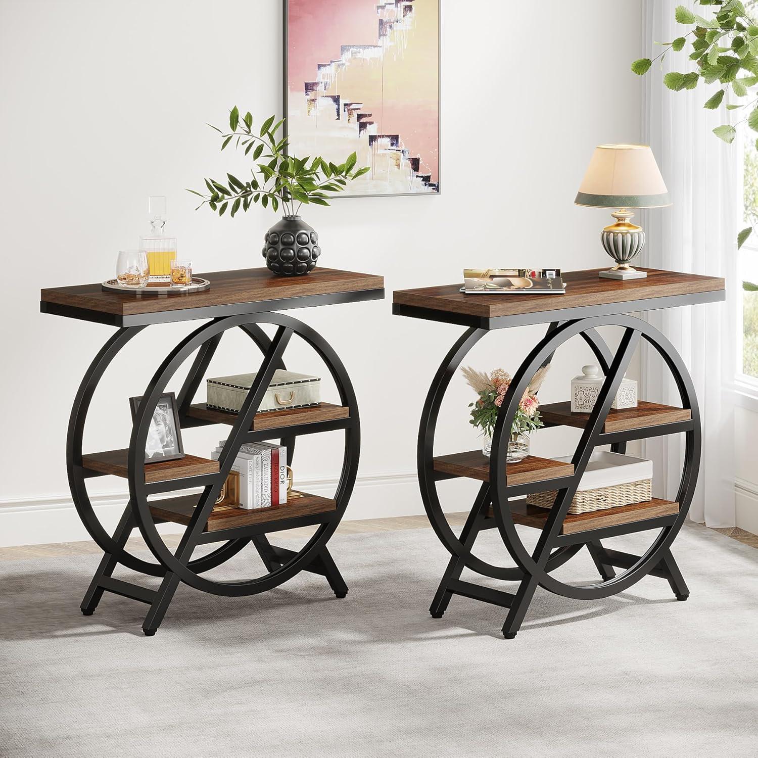 Rustic Brown Wood and Black Metal 3-Tier End Table with Storage