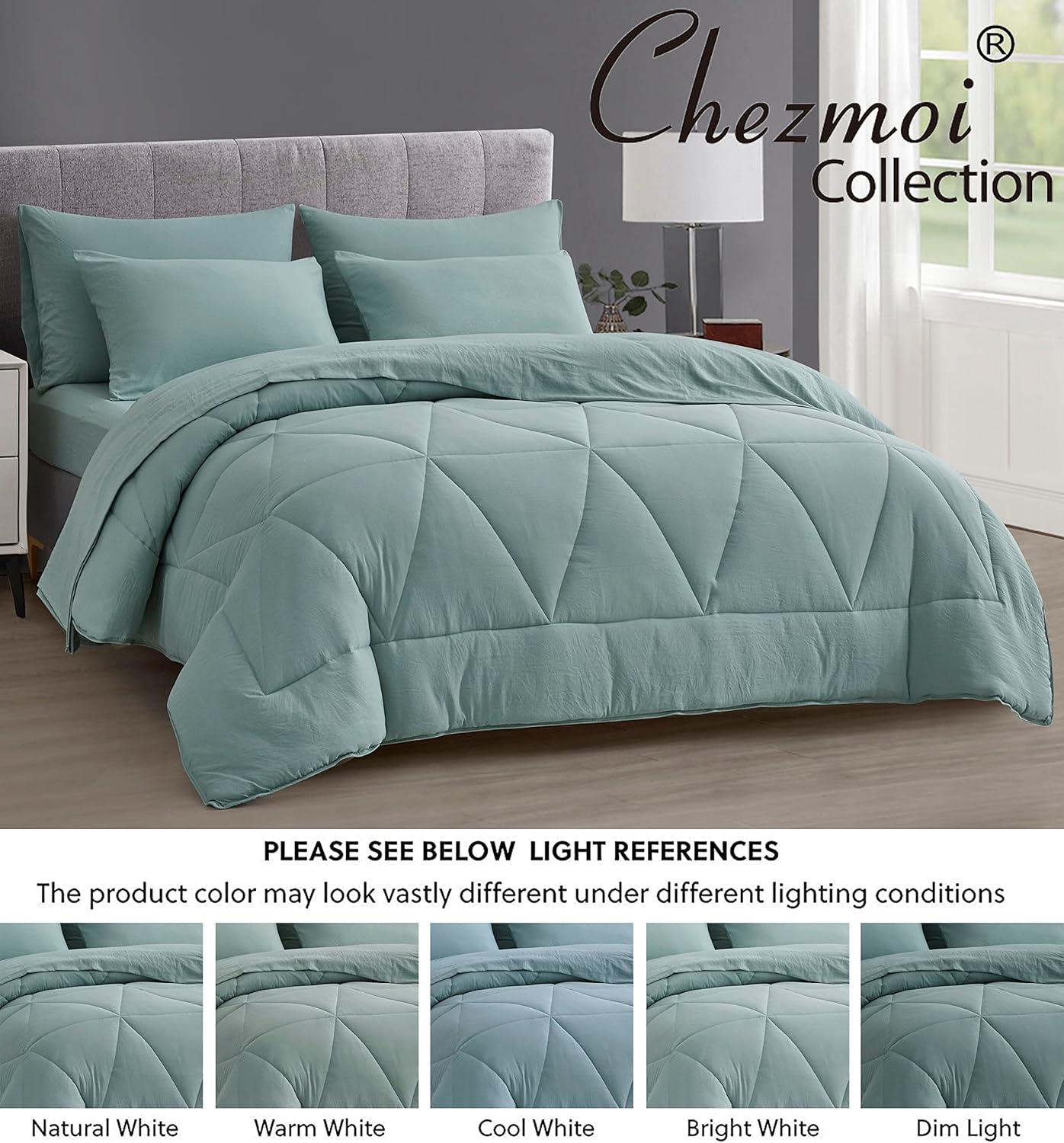 Chezmoi Collection Jasper 7-Pieces Bed in a Bag Comforter Set with Sheets, Geometric Triangle Quilted Double Brushed Microfiber Lightweight All Season Bedding Set, Full, Aqua