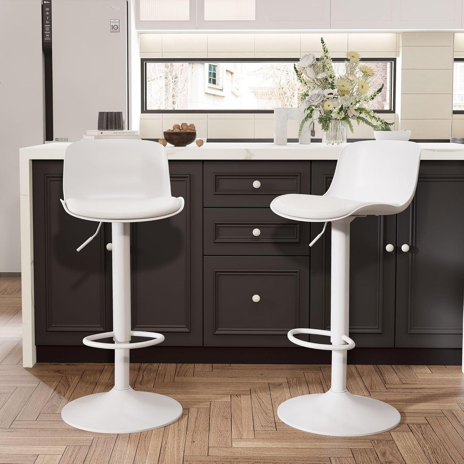 Height Adjustable Swivel PP Bar Stool with PU Padded Seat, White, Set of 2