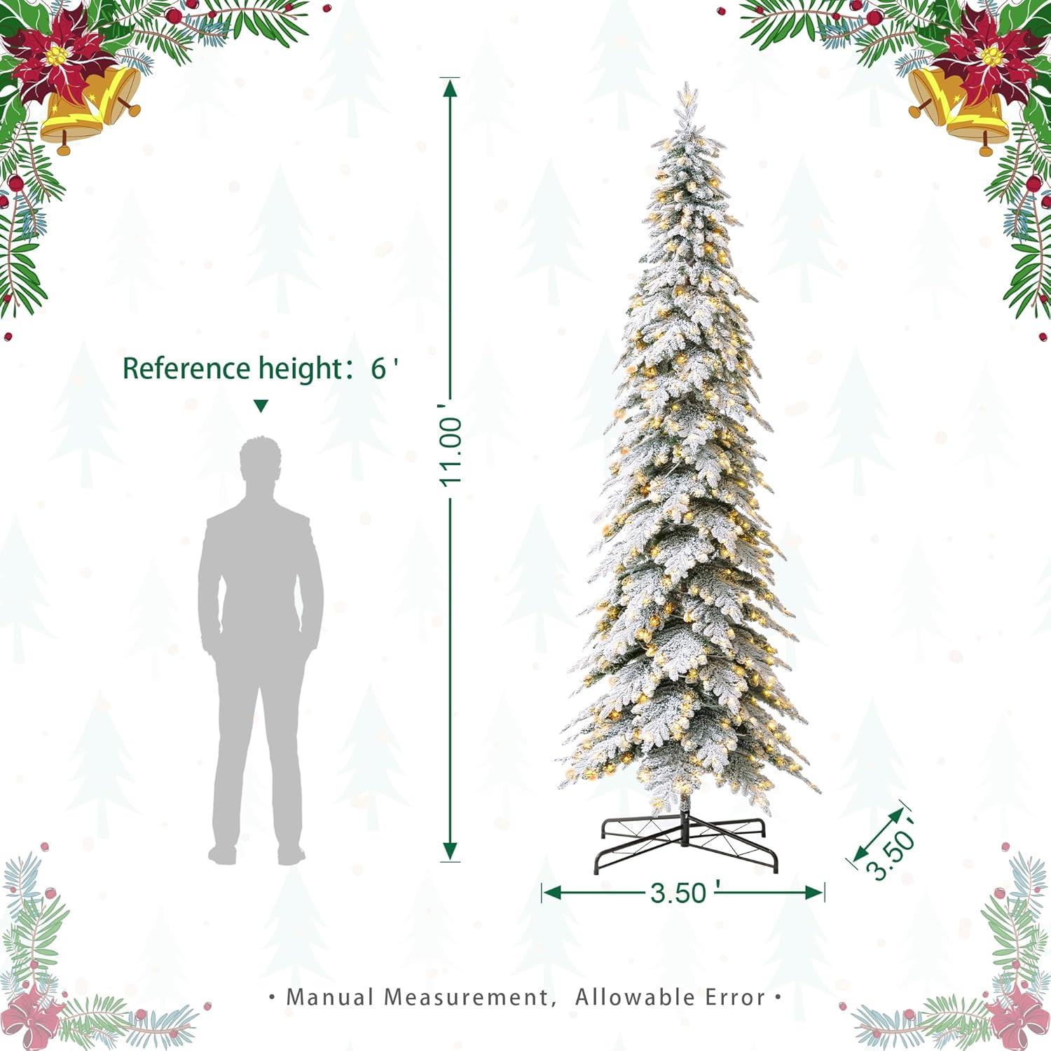 11ft Warm White Pre-Lit Flocked Narrow Spruce Christmas Tree