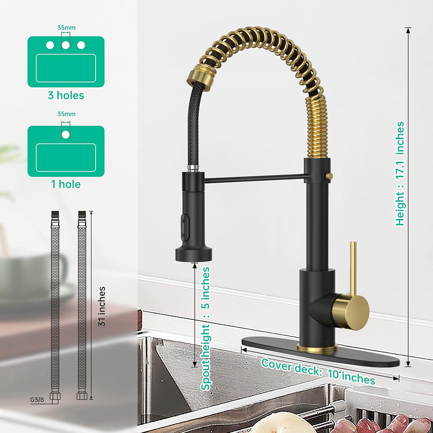 Black and Gold Stainless Steel High-Arc Kitchen Faucet with Pull-Out Spray