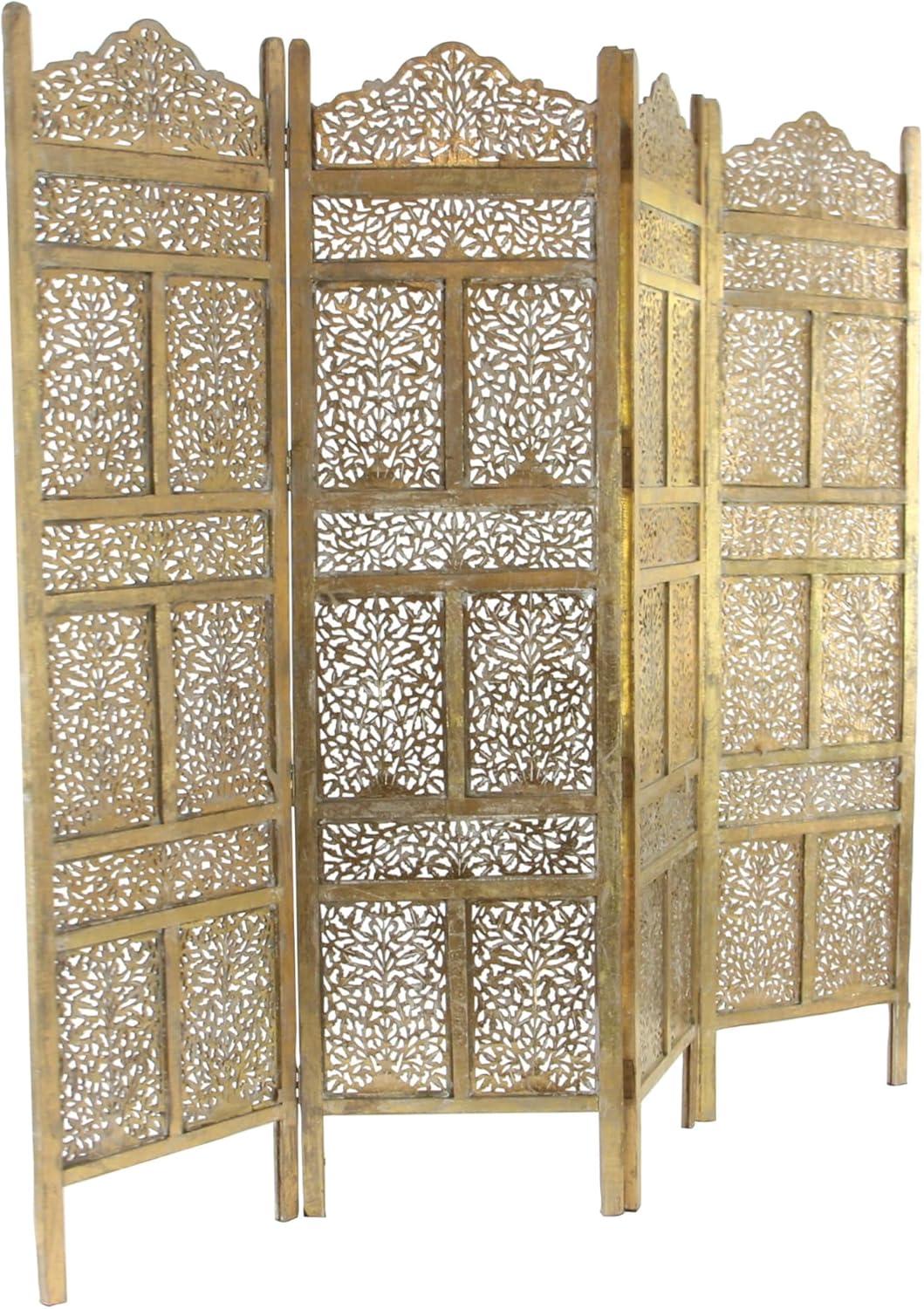 DecMode 80" x 72" Gold Wooden Scroll Handmade Hinged Foldable Partition 4 Panel Room Divider Screen with Carved Elephant Accents, 1-Piece