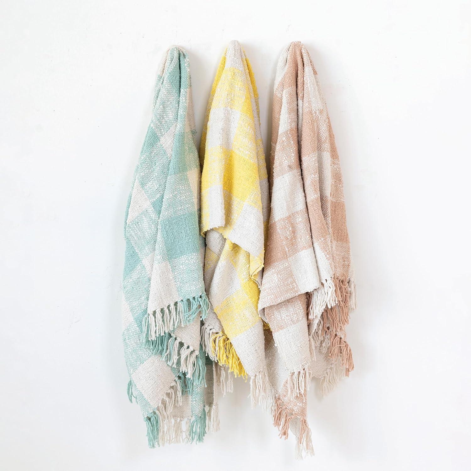 Mint and Cream Hand-Woven Cotton Plaid Throw with Fringe