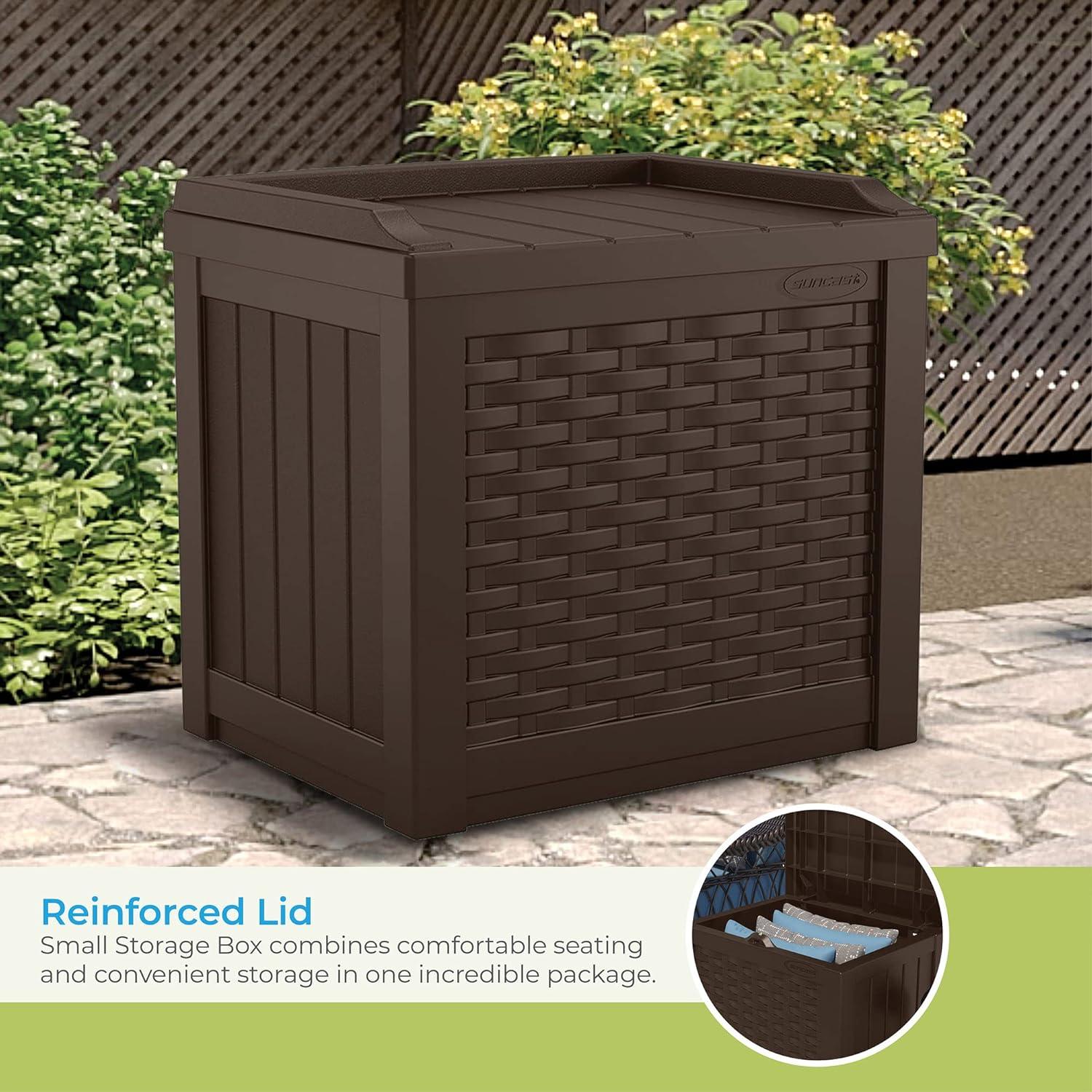Suncast Suncast Wicker 22 Gallon Water Resistant Resin Deck Box with Storage Seat in Java