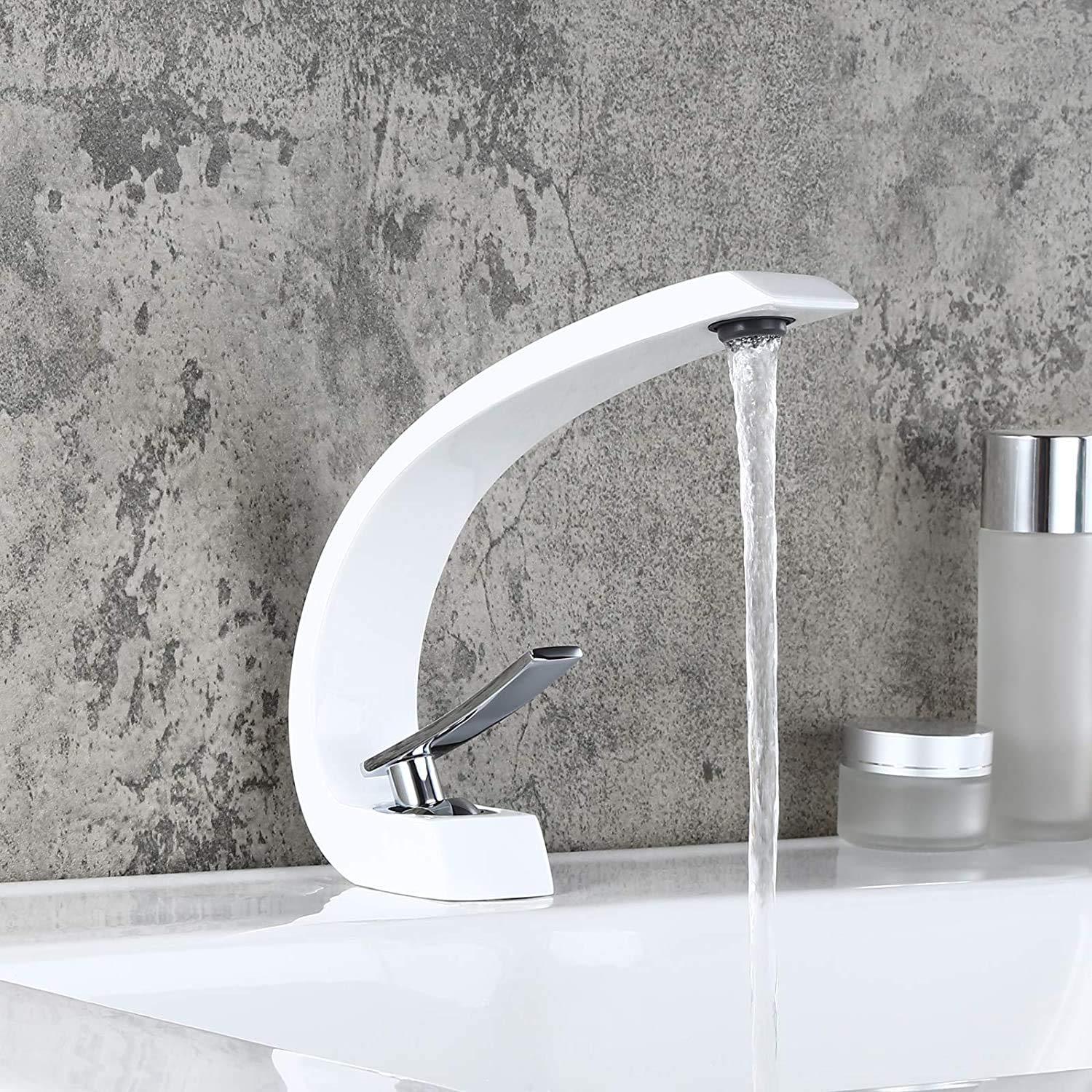 Glossy White and Chrome Curved Bathroom Faucet with Single Lever