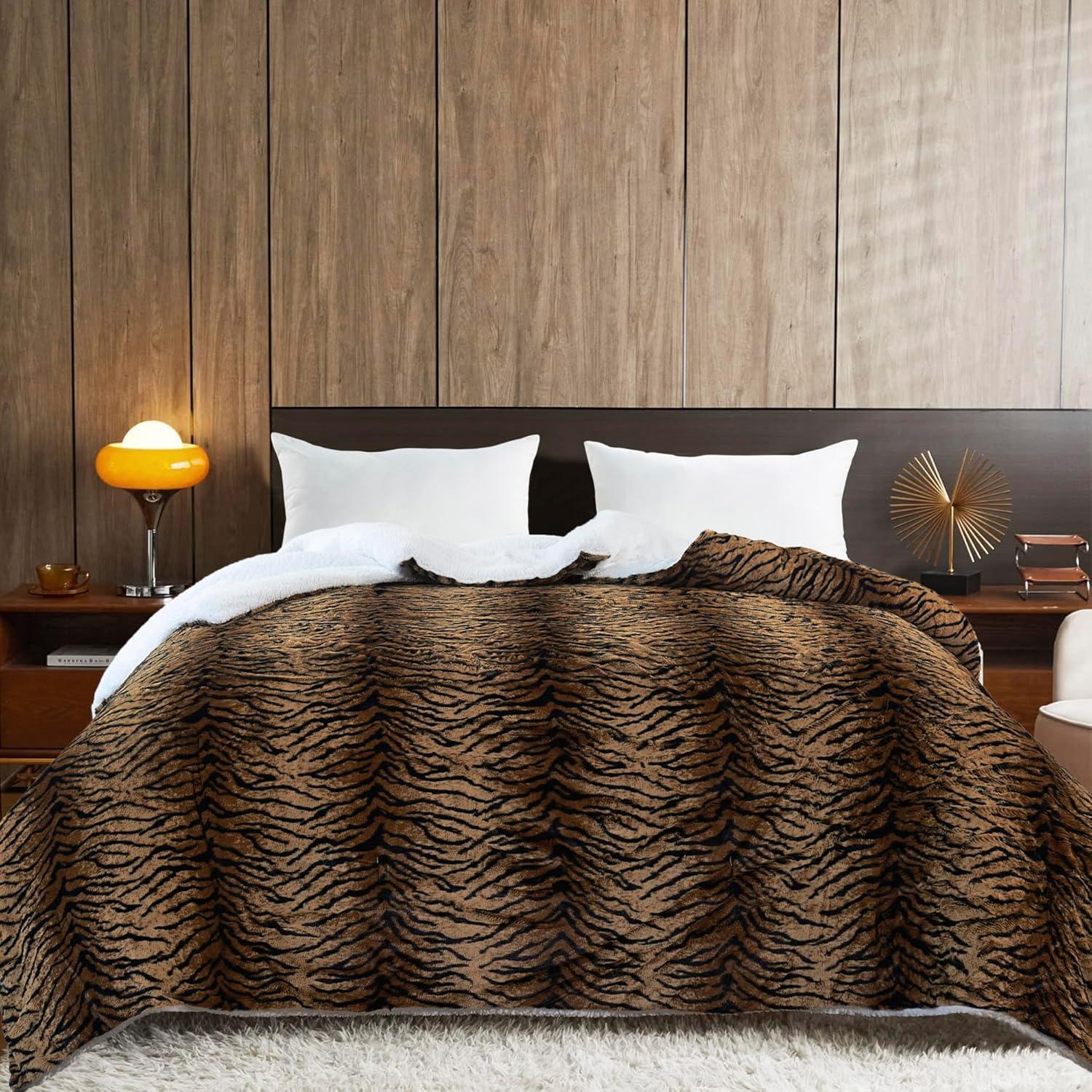 Queen Tiger Faux Fur and Sherpa Reversible Blanket