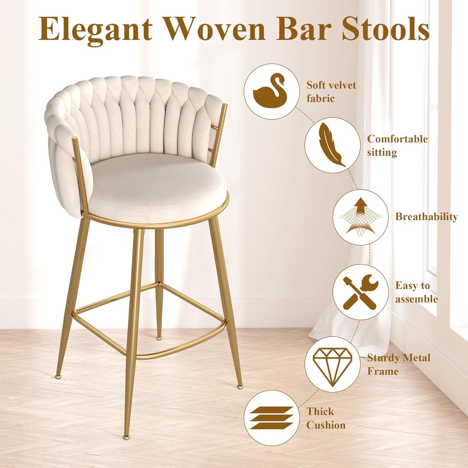 Counter Height Stools Set of 2, Velvet Bar Stools with 27 Inches Upholstered Seat Height, Handmade Woven Back Armrest, Sturdy Golden Metal Legs for Home Dining Pub Kitchen Island, Beige
