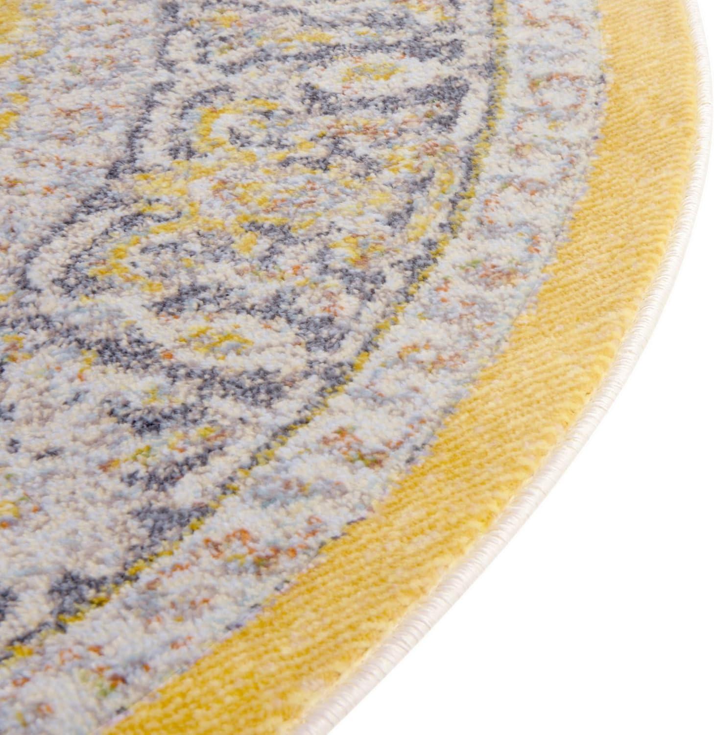 Yellow and Ivory Round Stain-Resistant Area Rug