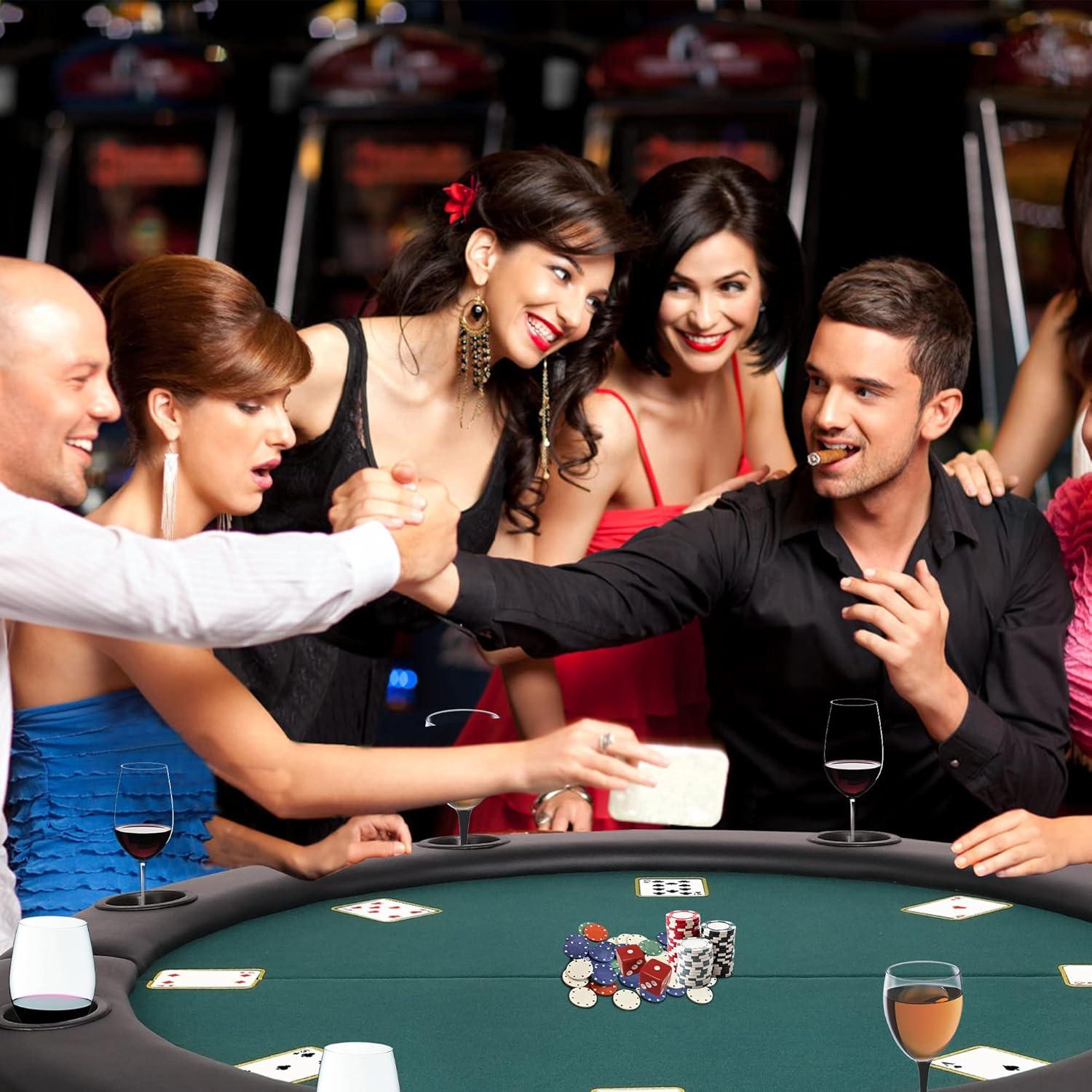 CARSTY 8-Player Round Folding Poker Table with Cup Holders, Casino Grade Green Felt Surface for Texas Hold'em, Blackjack, Board Games