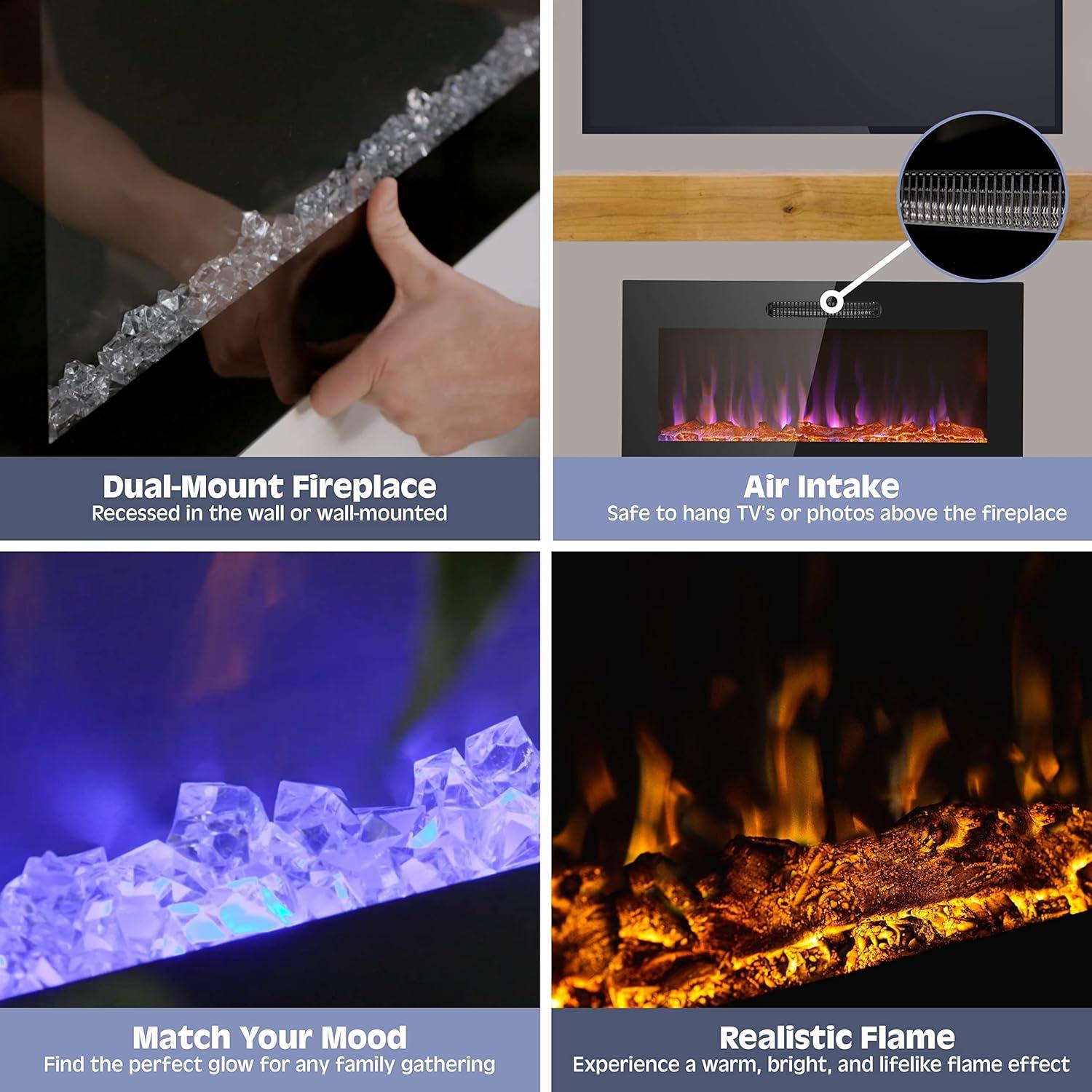 Prominence Home 36x19" Electric Remote Controlled LED Wall Mount Fireplace with Adjustable Heat and Brightness Settings